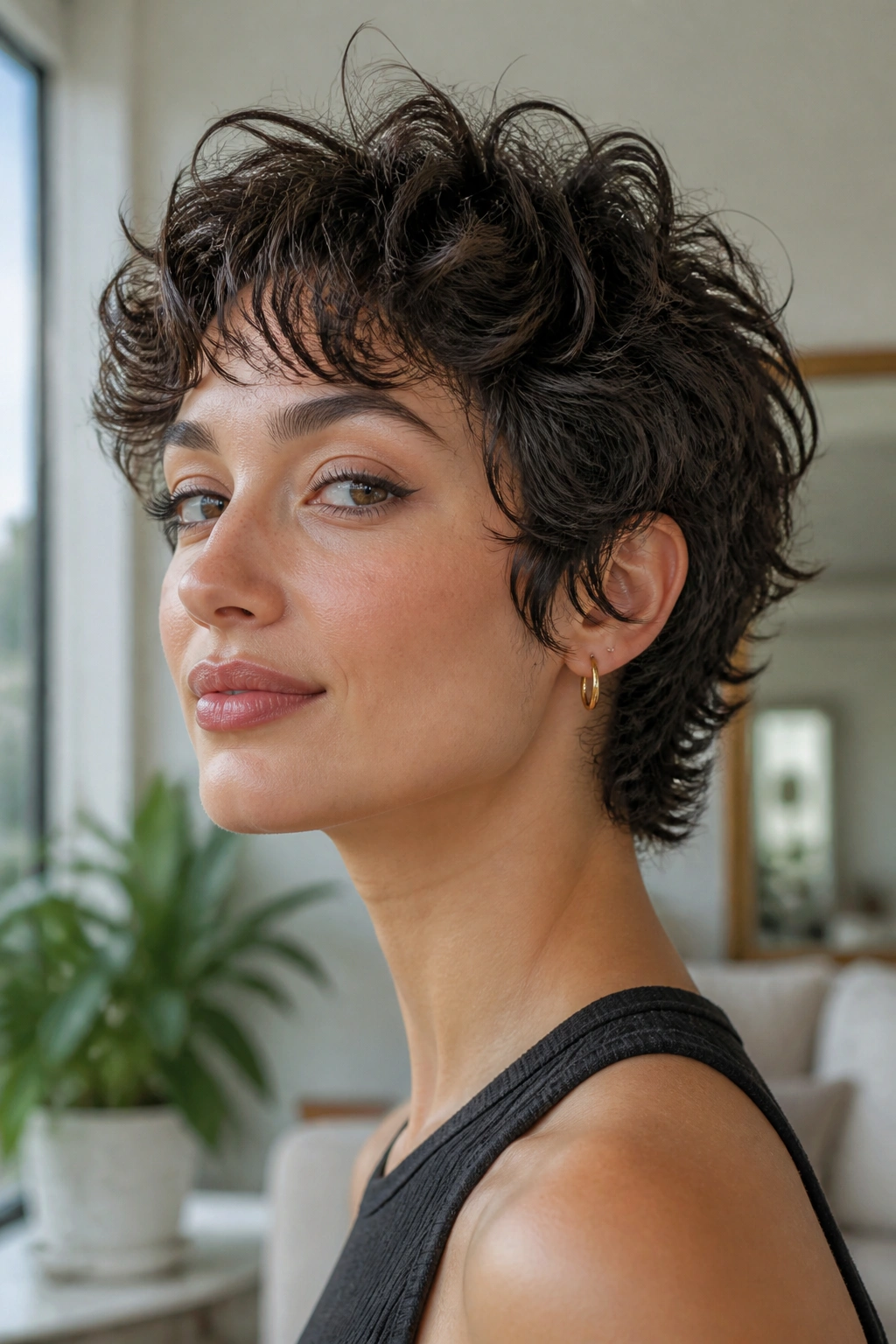 Portrait of a woman with curly short pixie wolf cut showing defined curls