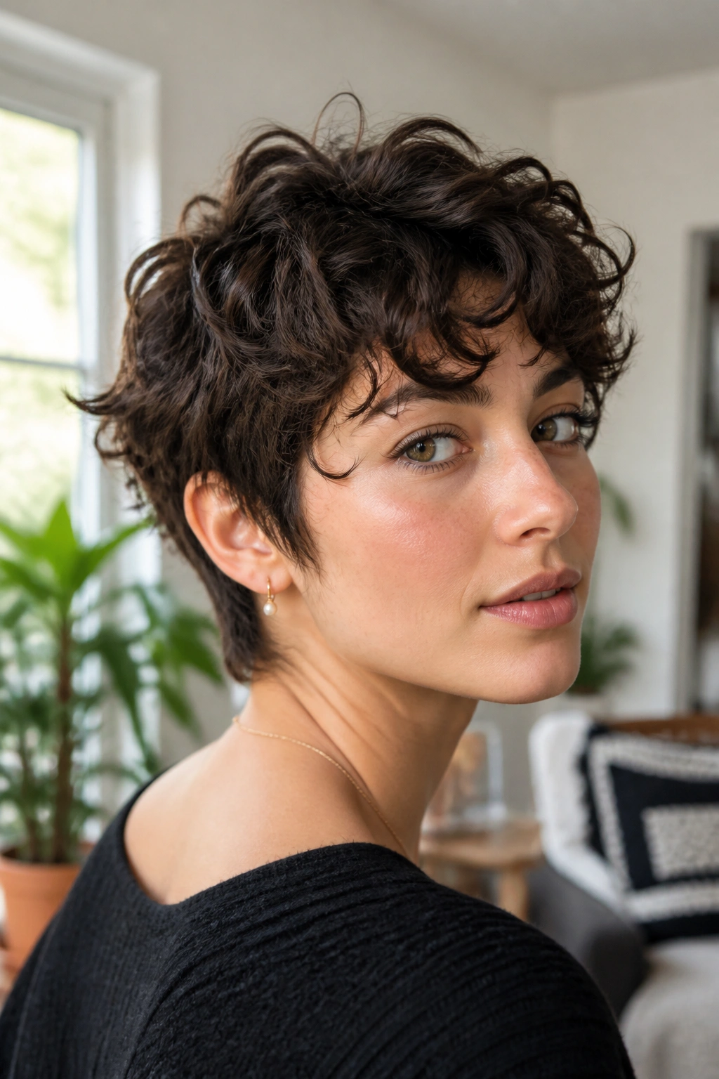 Close-up portrait of a real woman with curly pixie wolf cut showing layered curls and defined nape.