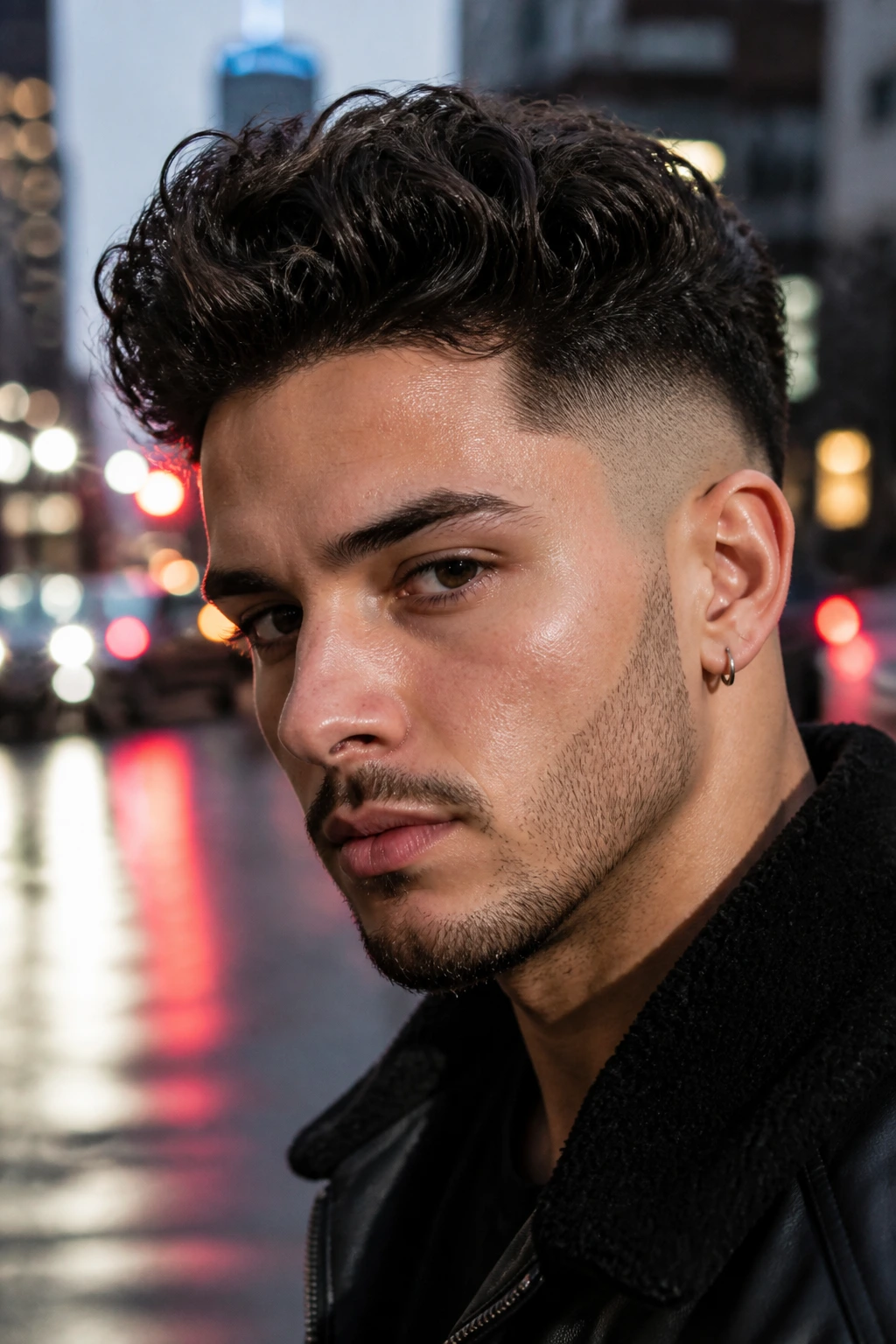 Man with curly pompadour and skin fade portrait