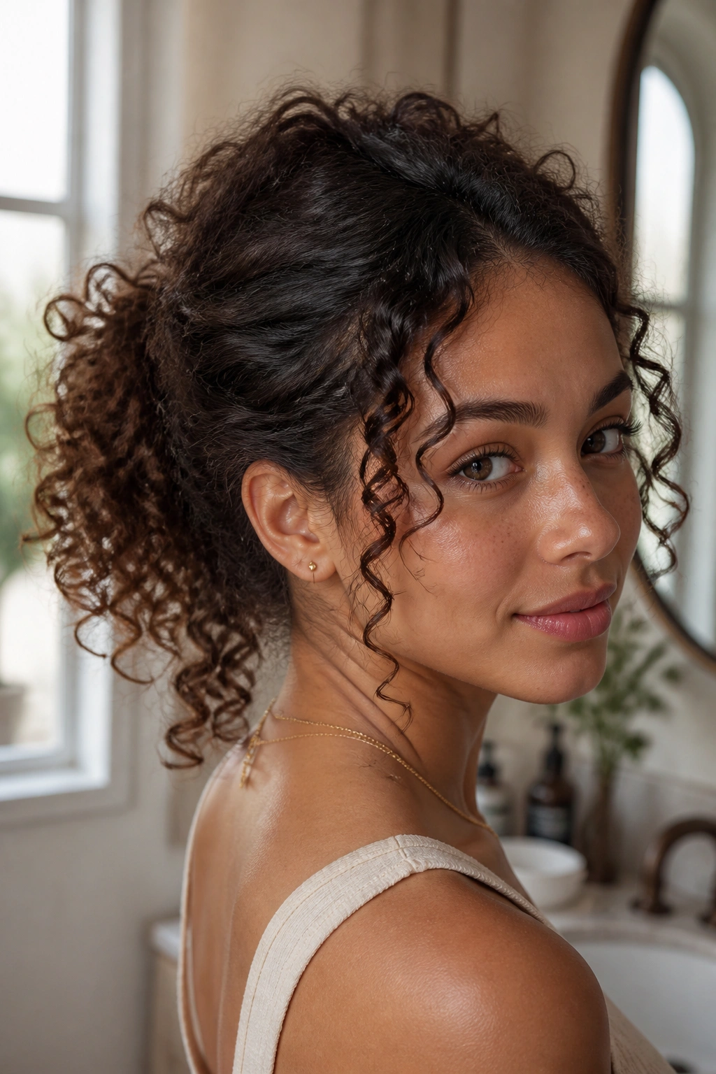 Real person with a softly styled curly ponytail and loose front pieces