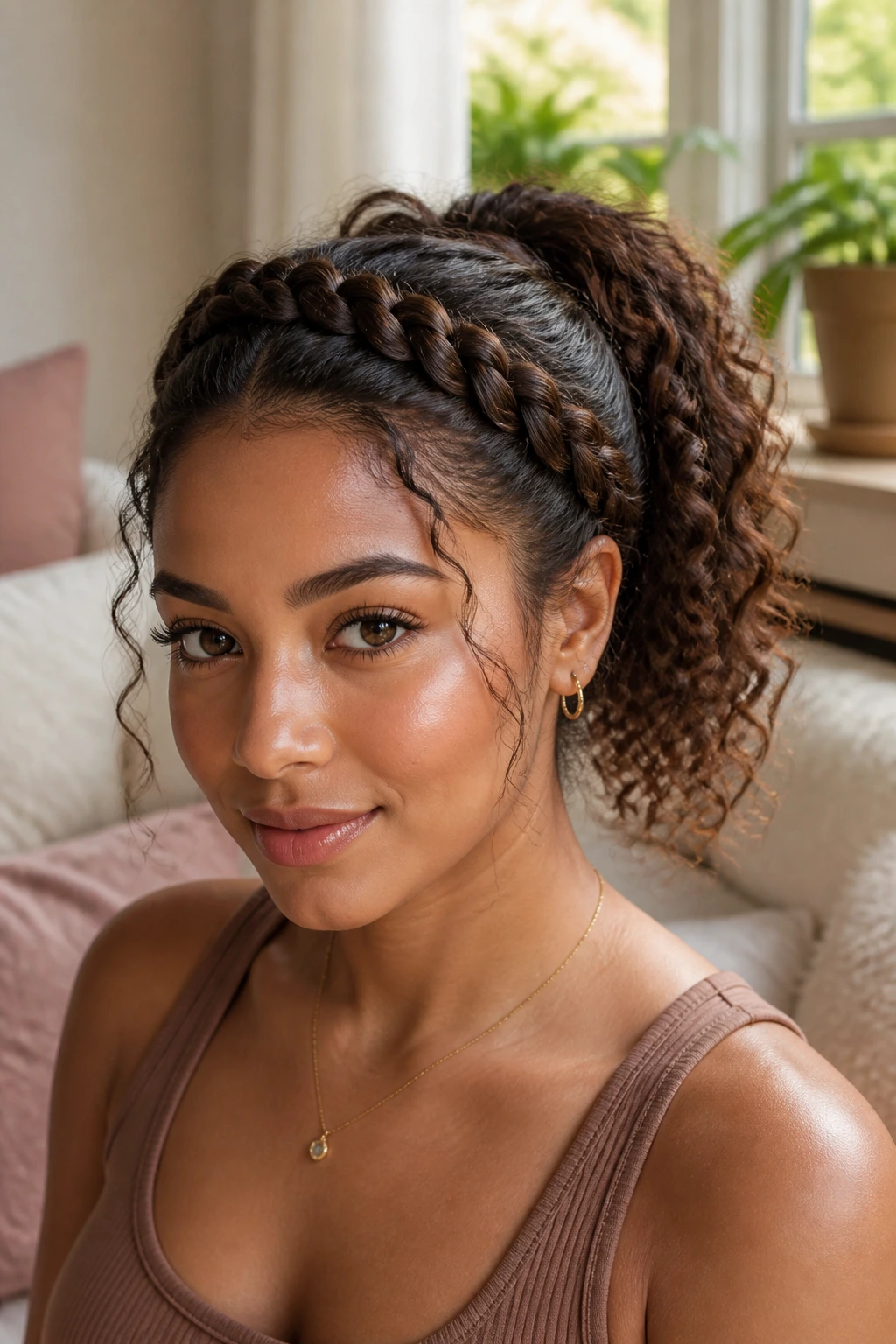 Close-up of a real woman with a curly ponytail and braided crown, soft natural light.