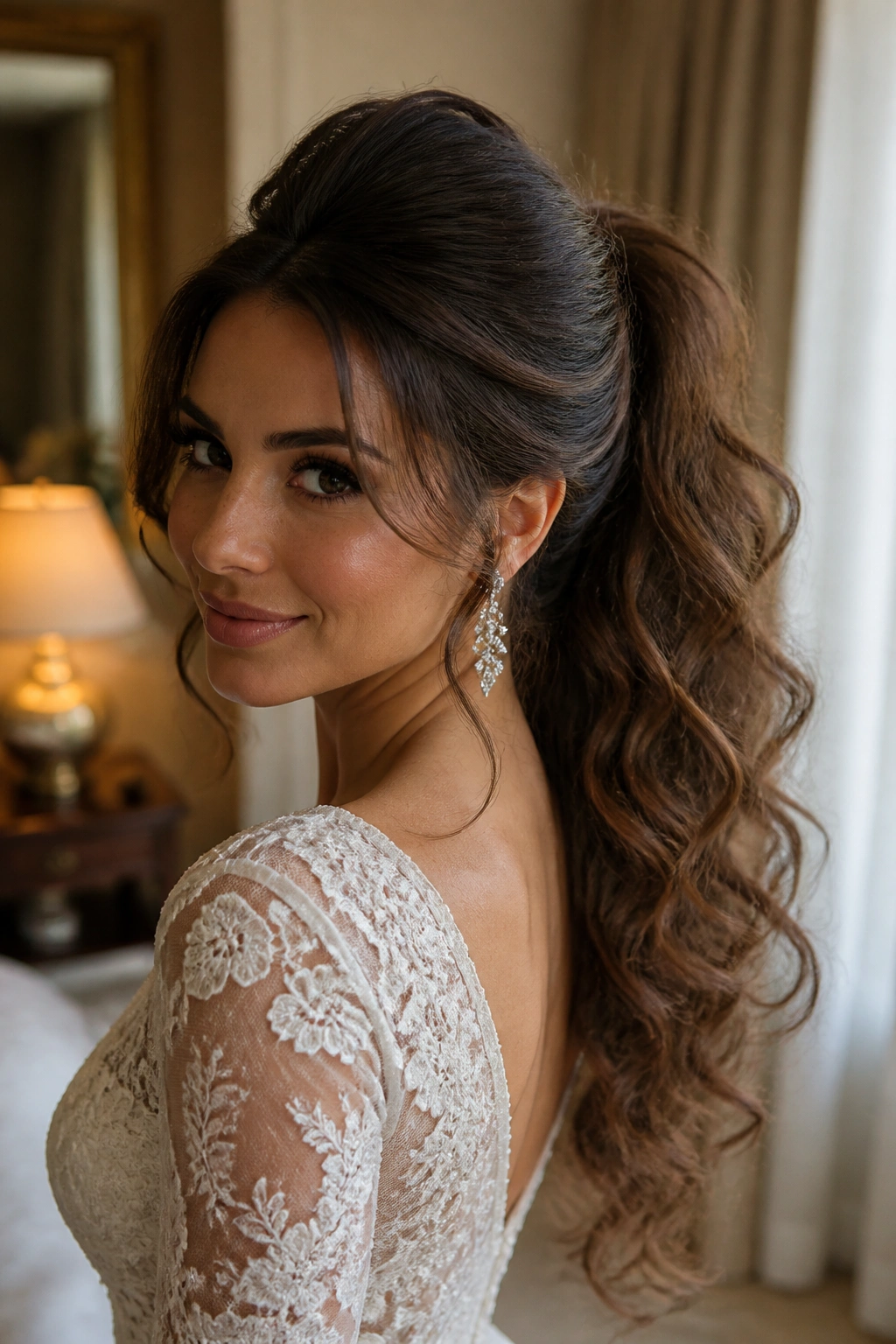Close-up of a bride with a voluminous curly ponytail and crown lift.