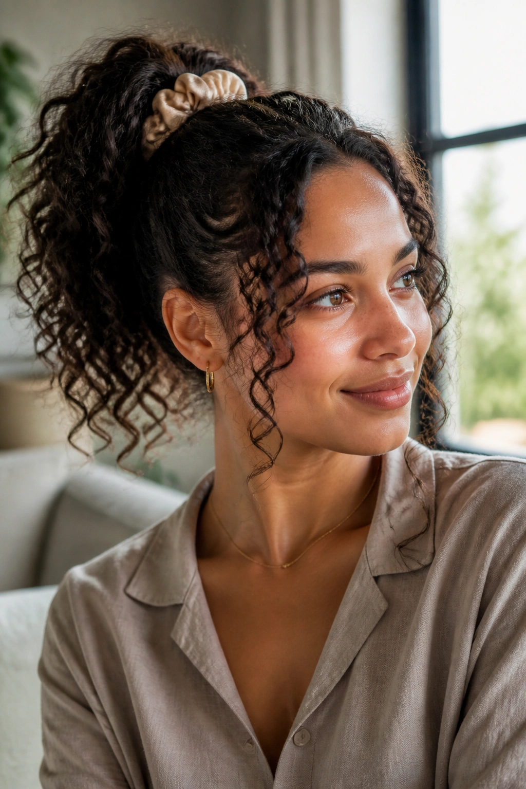 Portrait of a woman with a curly ponytail and defined curls