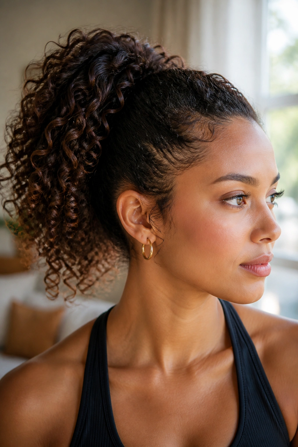 Close-up of real woman with a high curly ponytail in natural light