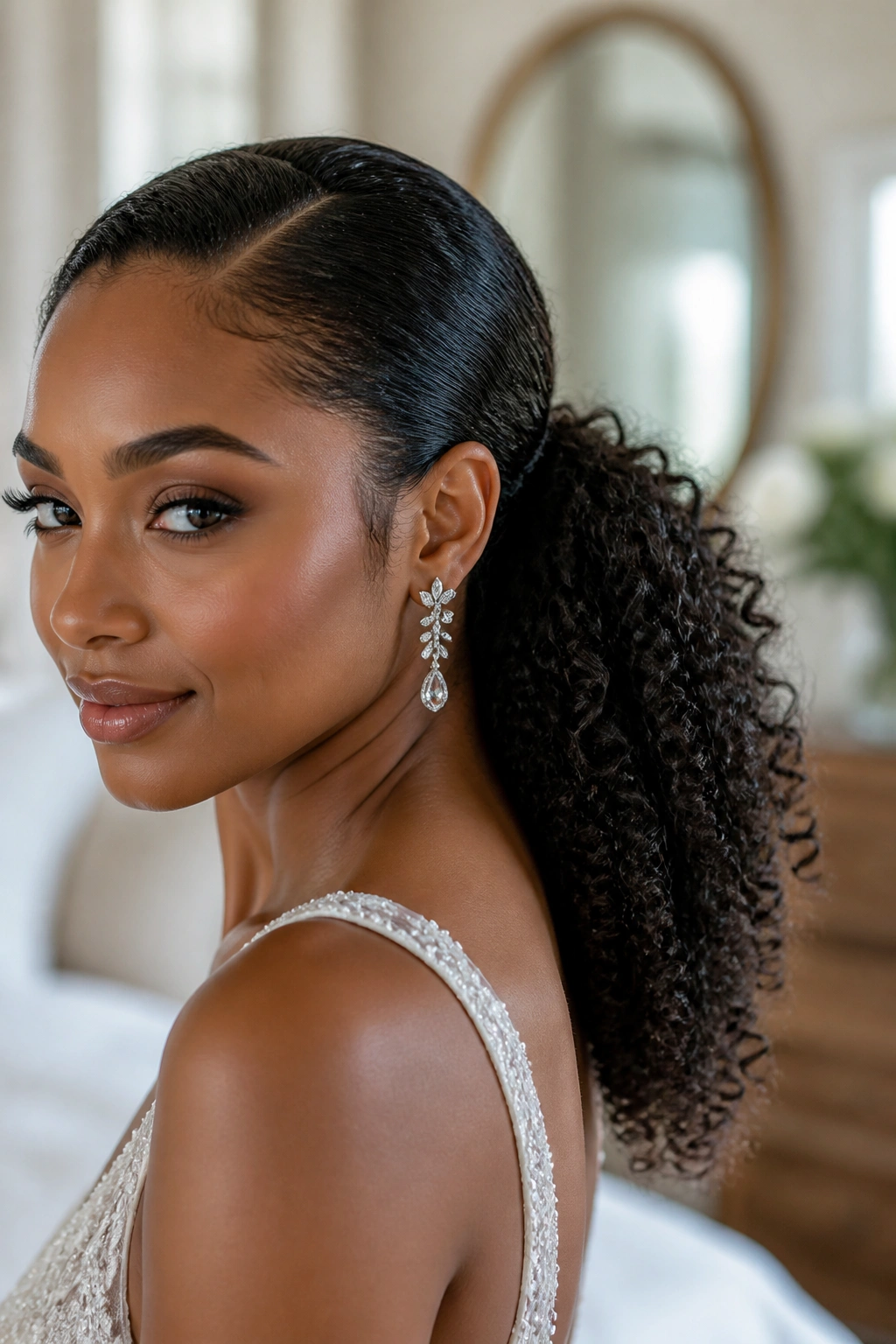 Close-up of a bride with a sculpted ponytail featuring defined curls blooming in the tail.