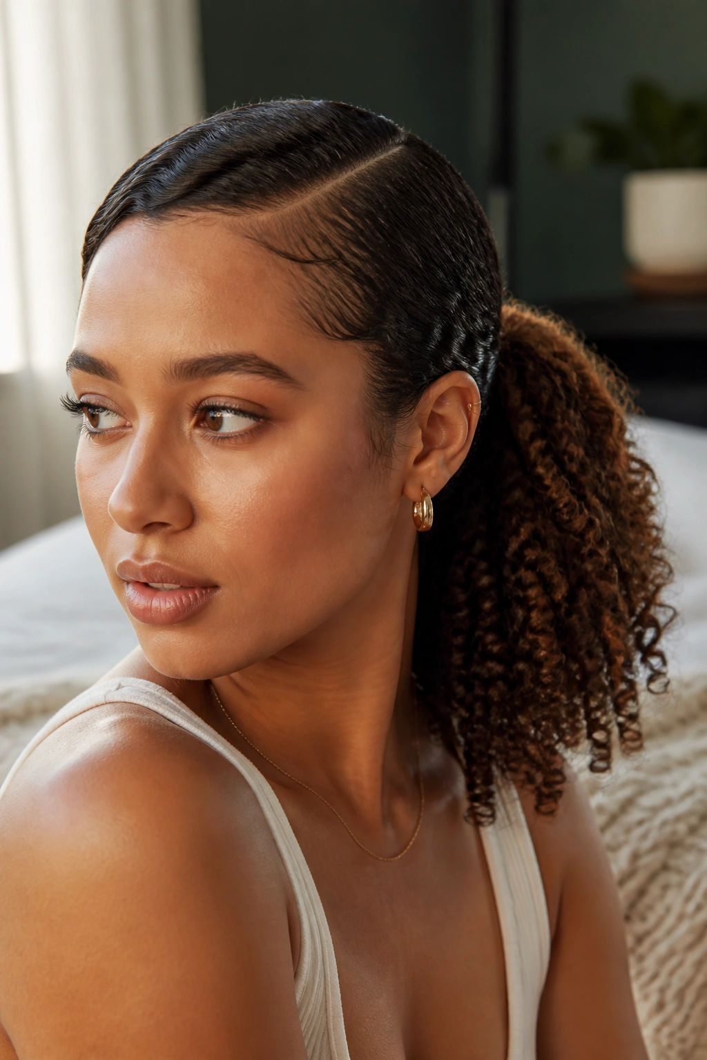 Close-up of a real woman with a side-parted curly ponytail and defined curls in warm bedroom light