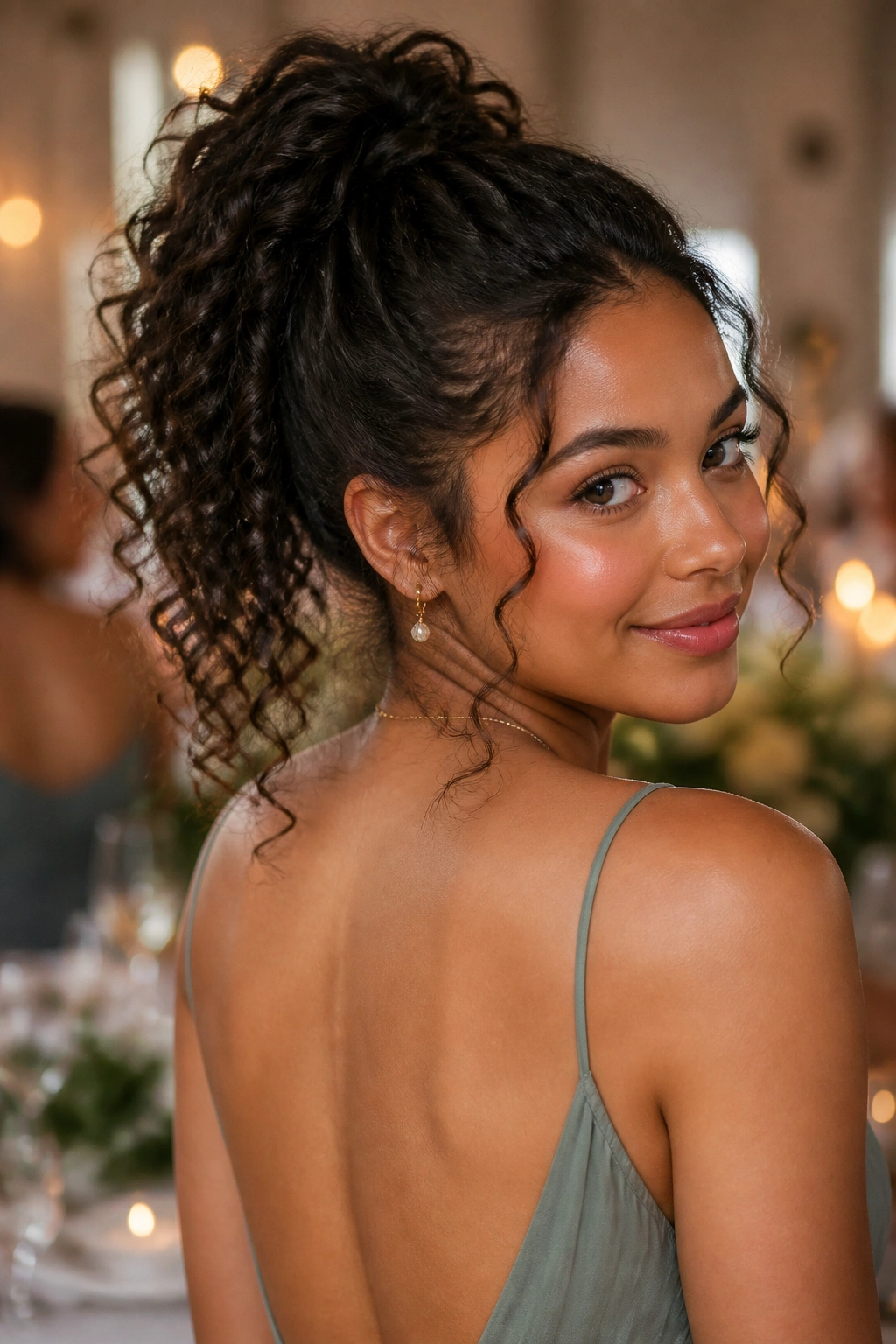 Close-up of a real woman's high, polished curly ponytail with a soft wedding venue backdrop