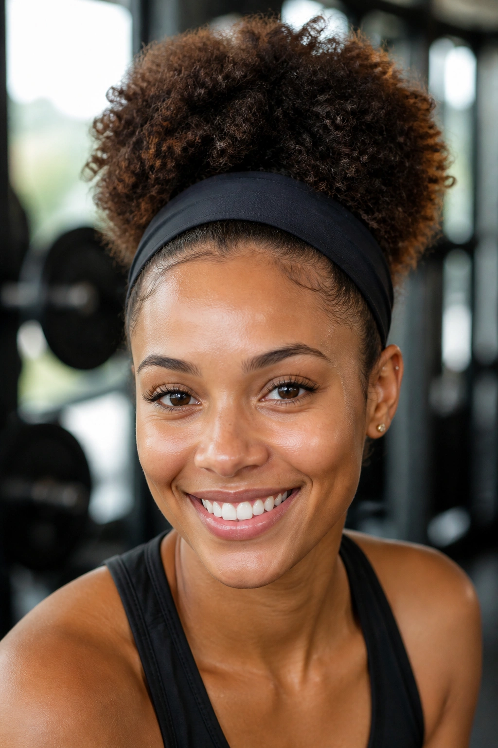 Close-up of a real woman with a curly puff and wide headband during a workout