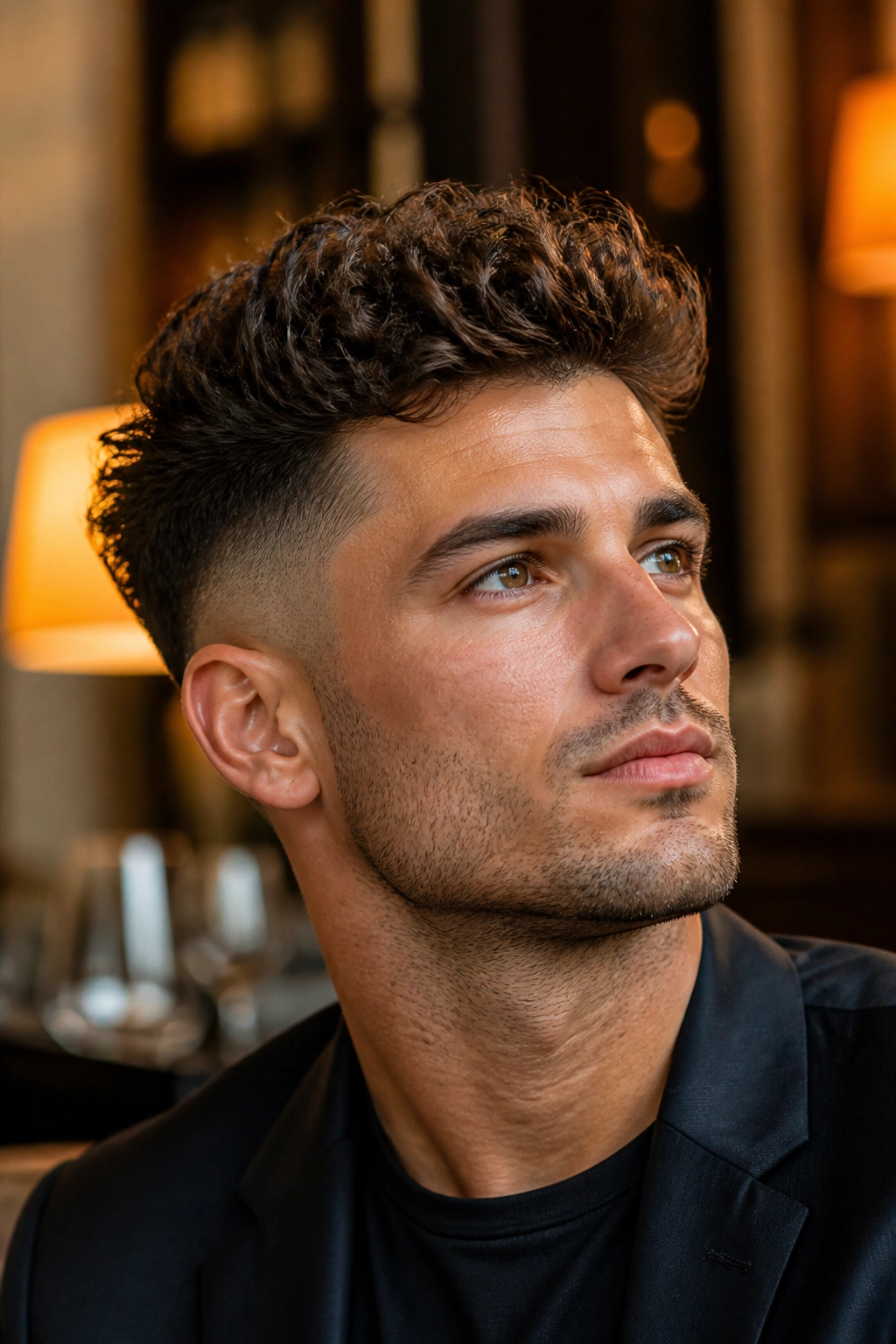 Man with curly quiff and taper fade portrait in warm lounge