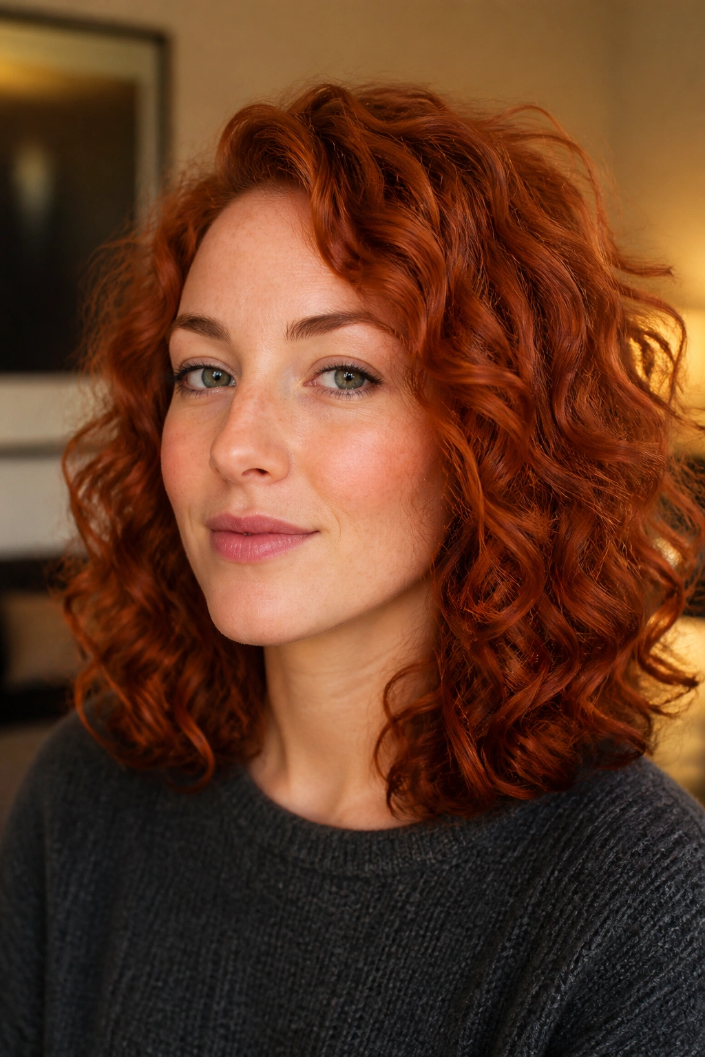 Close-up of real person with shoulder-length red curls, curls defined and bouncy
