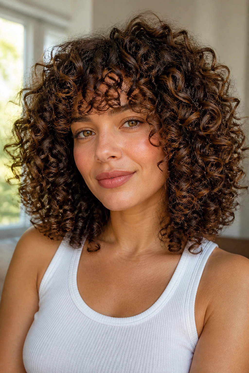 Close-up portrait of a woman with curly layered hair stacking ringlets without pyramid.