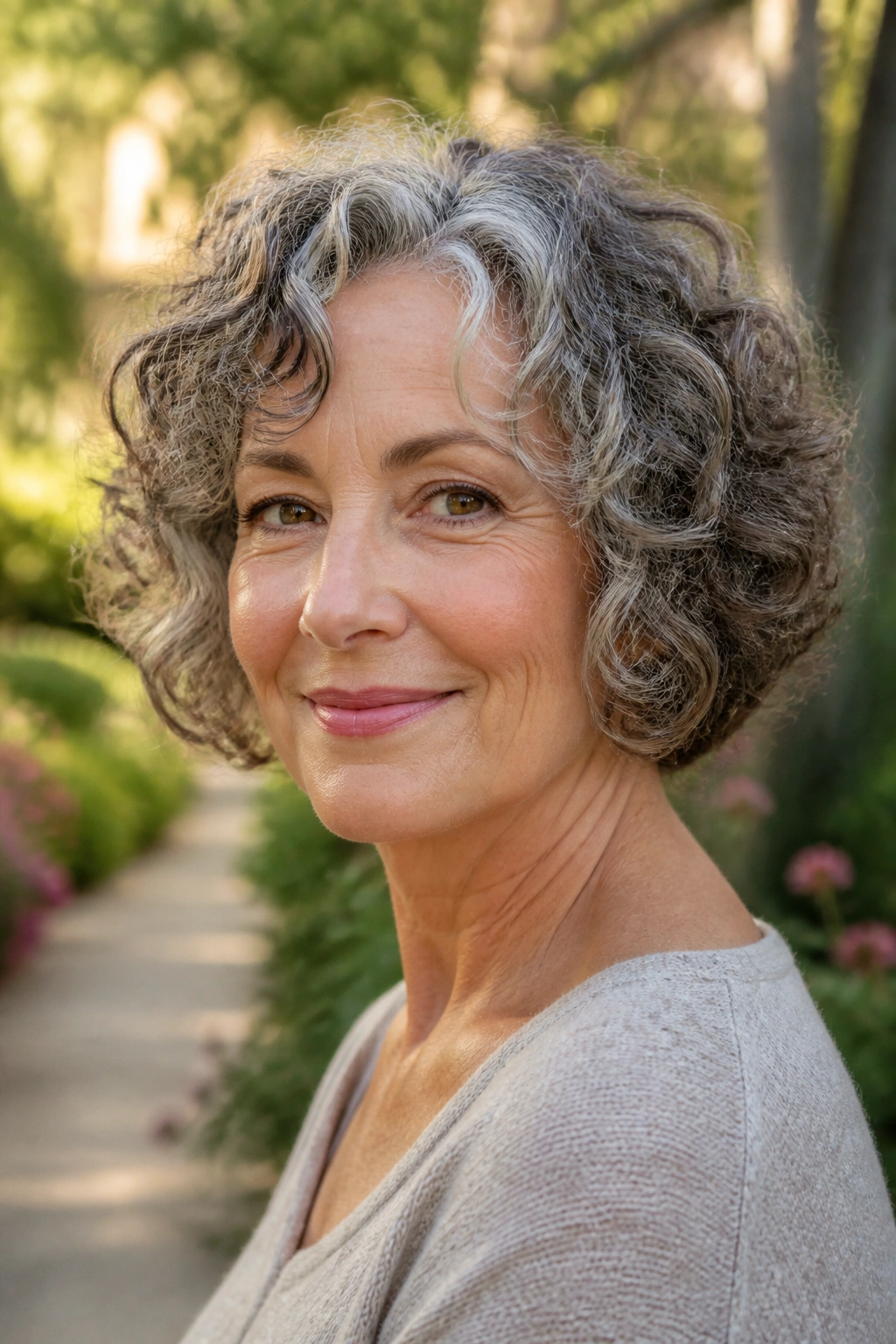 Close-up of a woman with a curly rounded bob and natural curls.