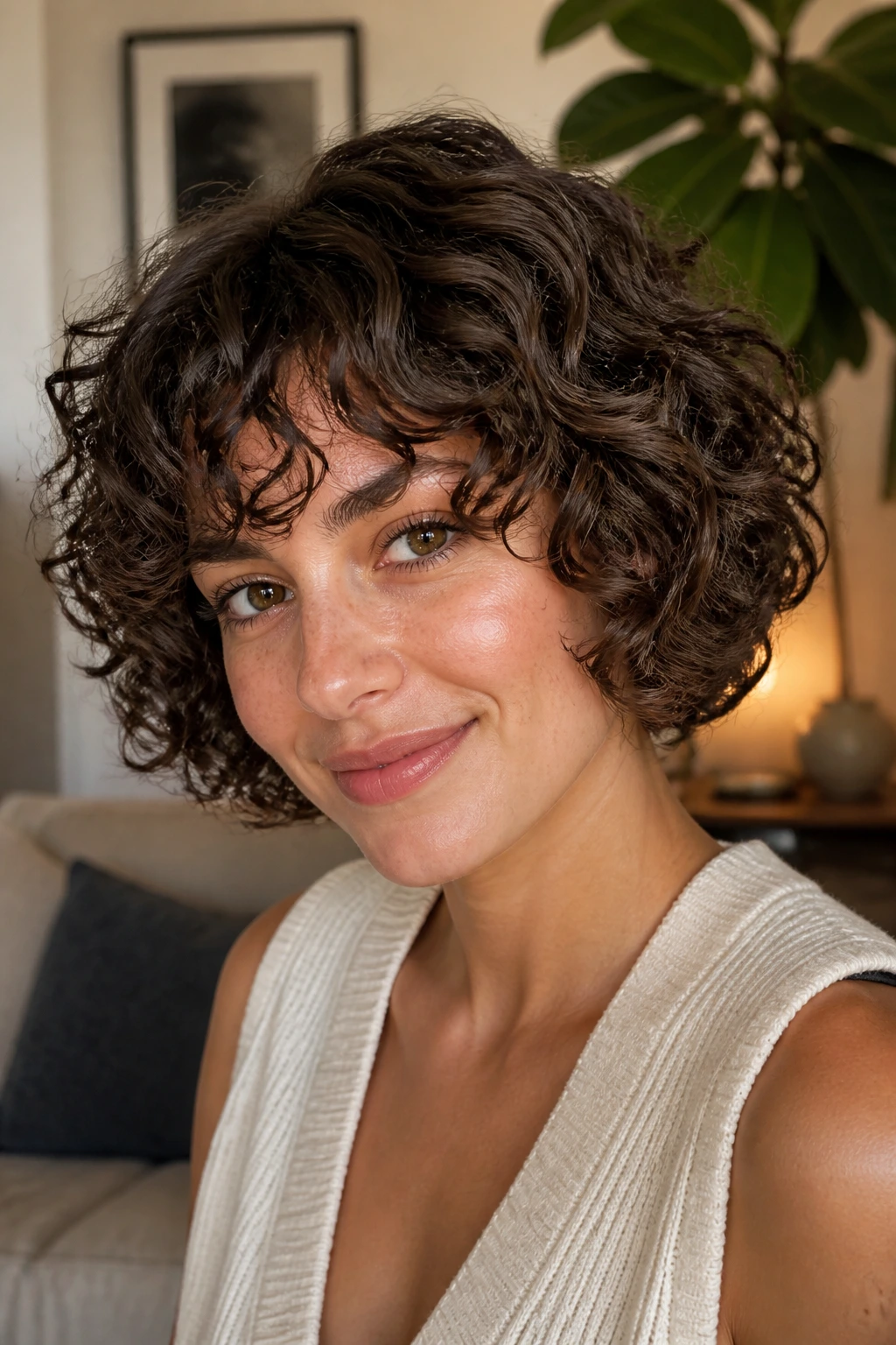 Close-up of a real person with a curly rounded bob in a cozy living room