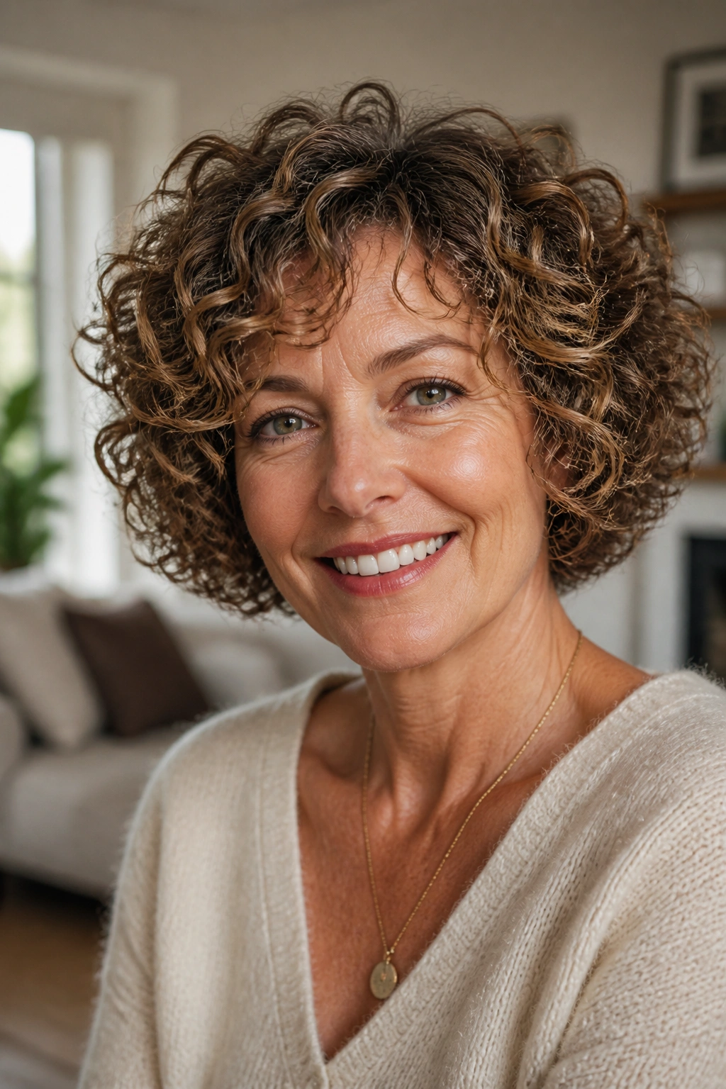 Close-up of a real woman wearing a curly rounded bob hairstyle in a bright room