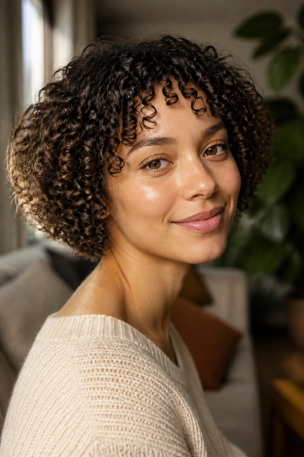 Close-up of a real woman with a curly rounded bob showing even curls around the head