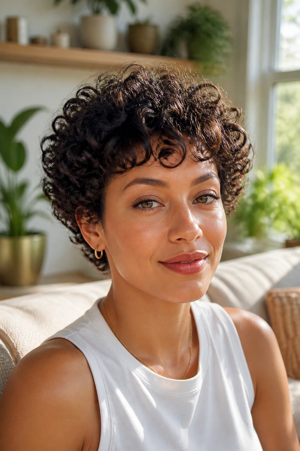 Close-up portrait of a real person with a curly rounded crop.