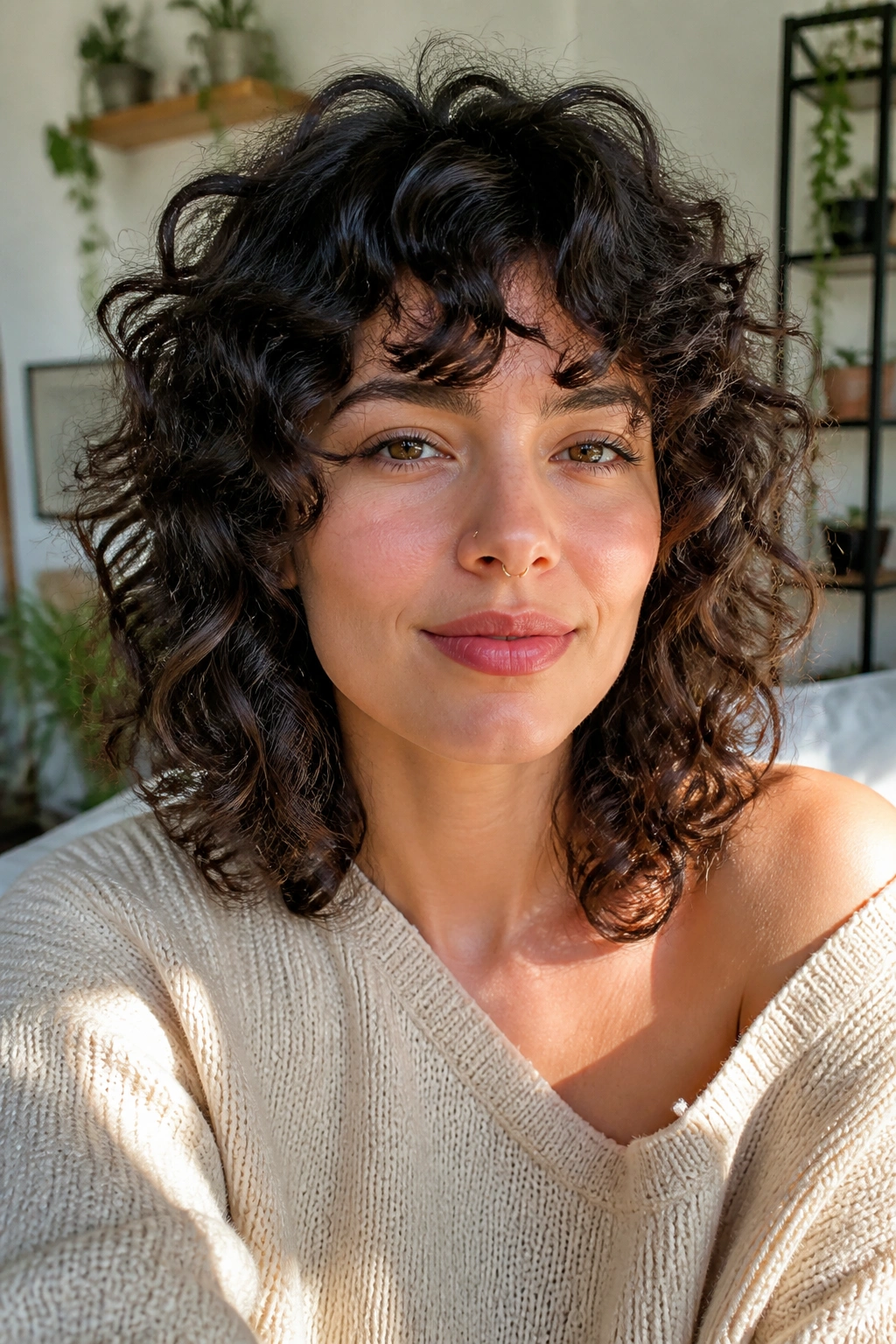 Close-up of a real woman with curly shag showing balanced curl pattern and layered shaping