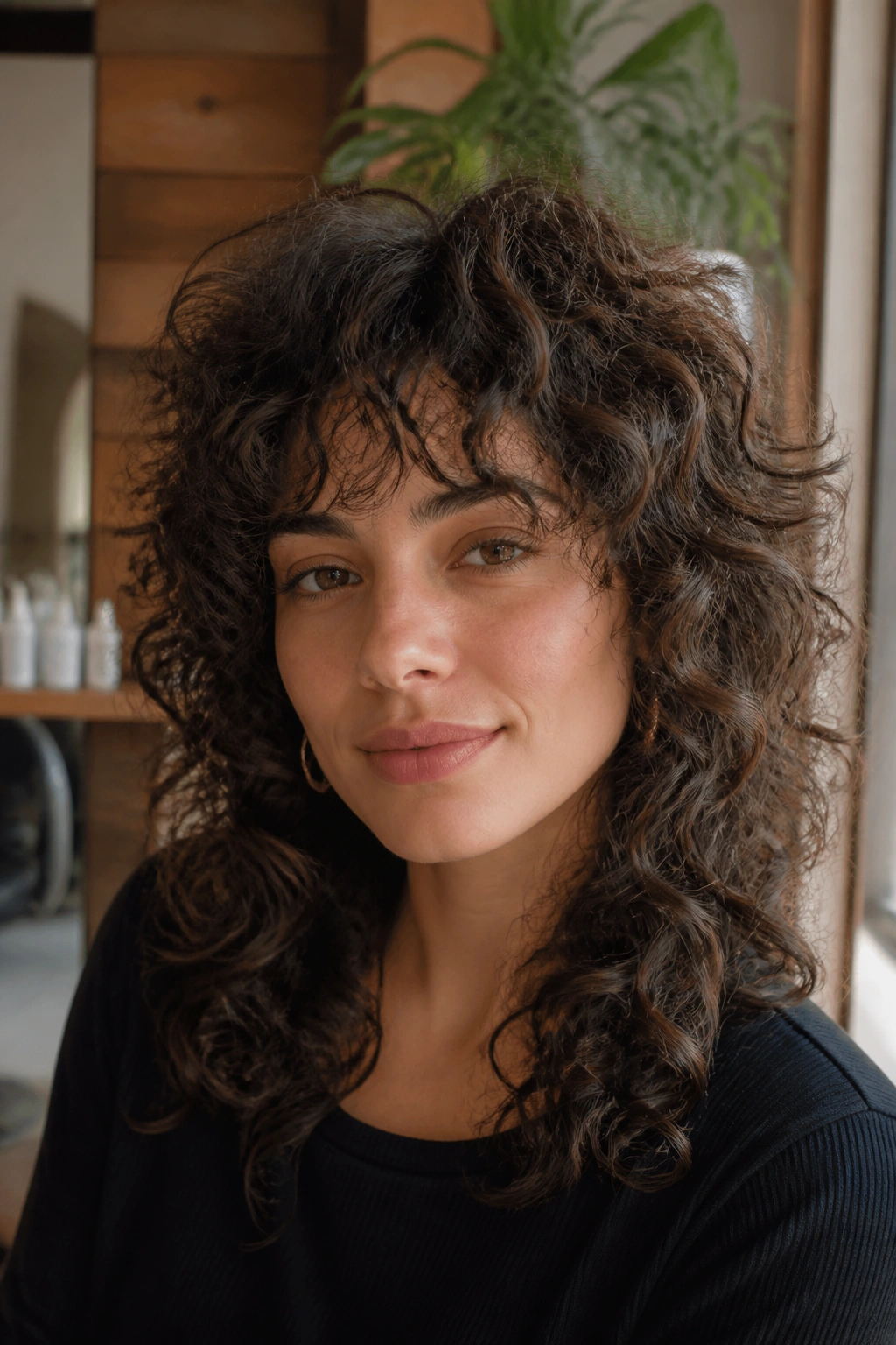 Real woman with curly shag and airy fringe under natural light.