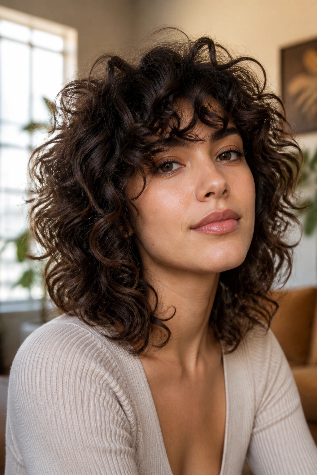Real person with curly shag and airy fringe