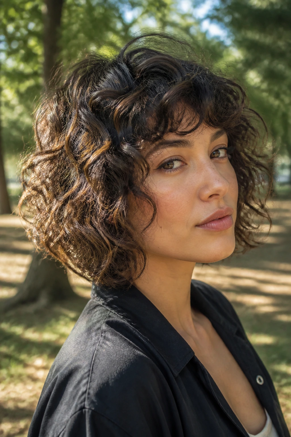 Portrait of a woman with curly shag bob showing natural texture in sunlight.