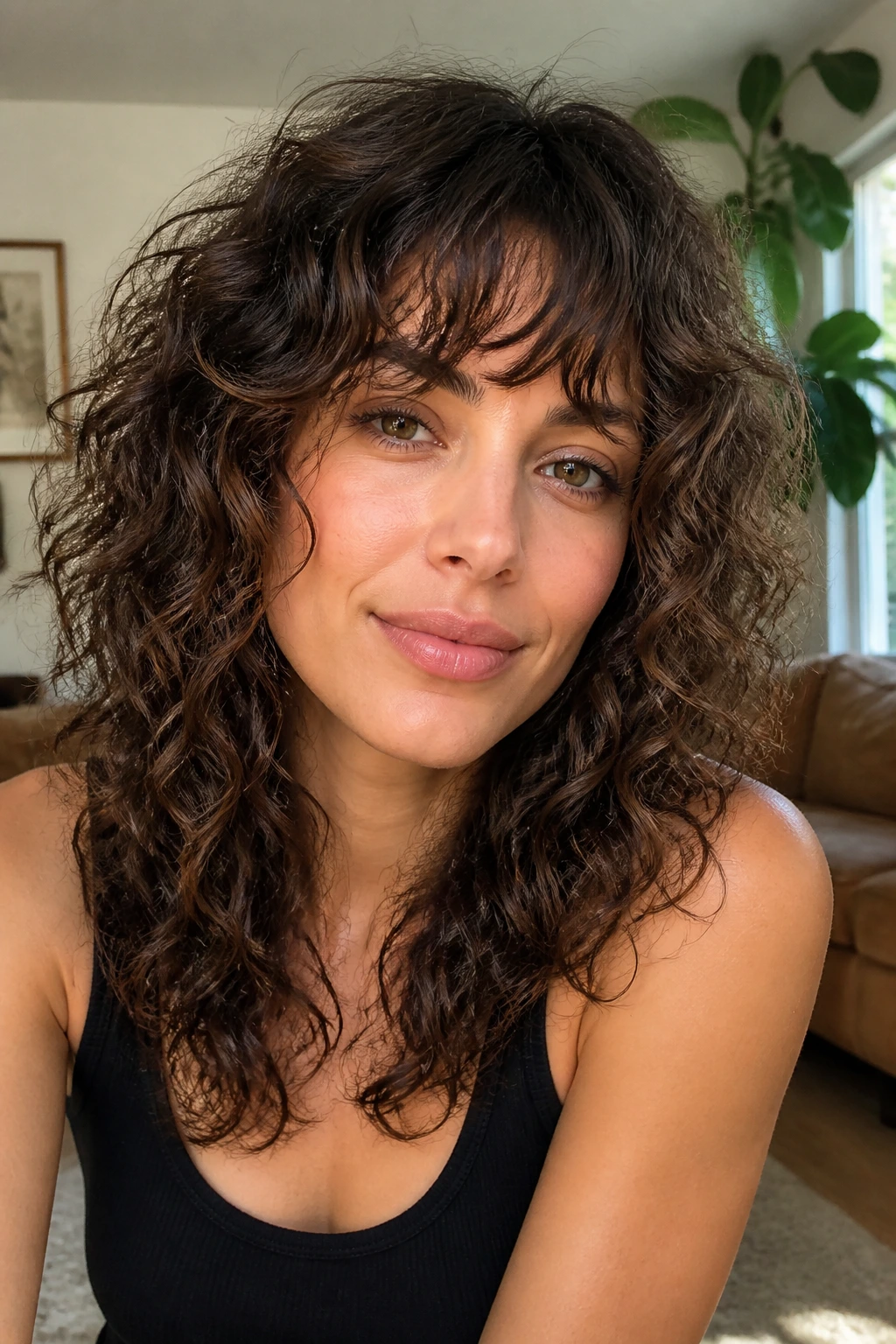Close-up portrait of a real woman with bottleneck bangs integrated into curly shag in a sunlit living room.