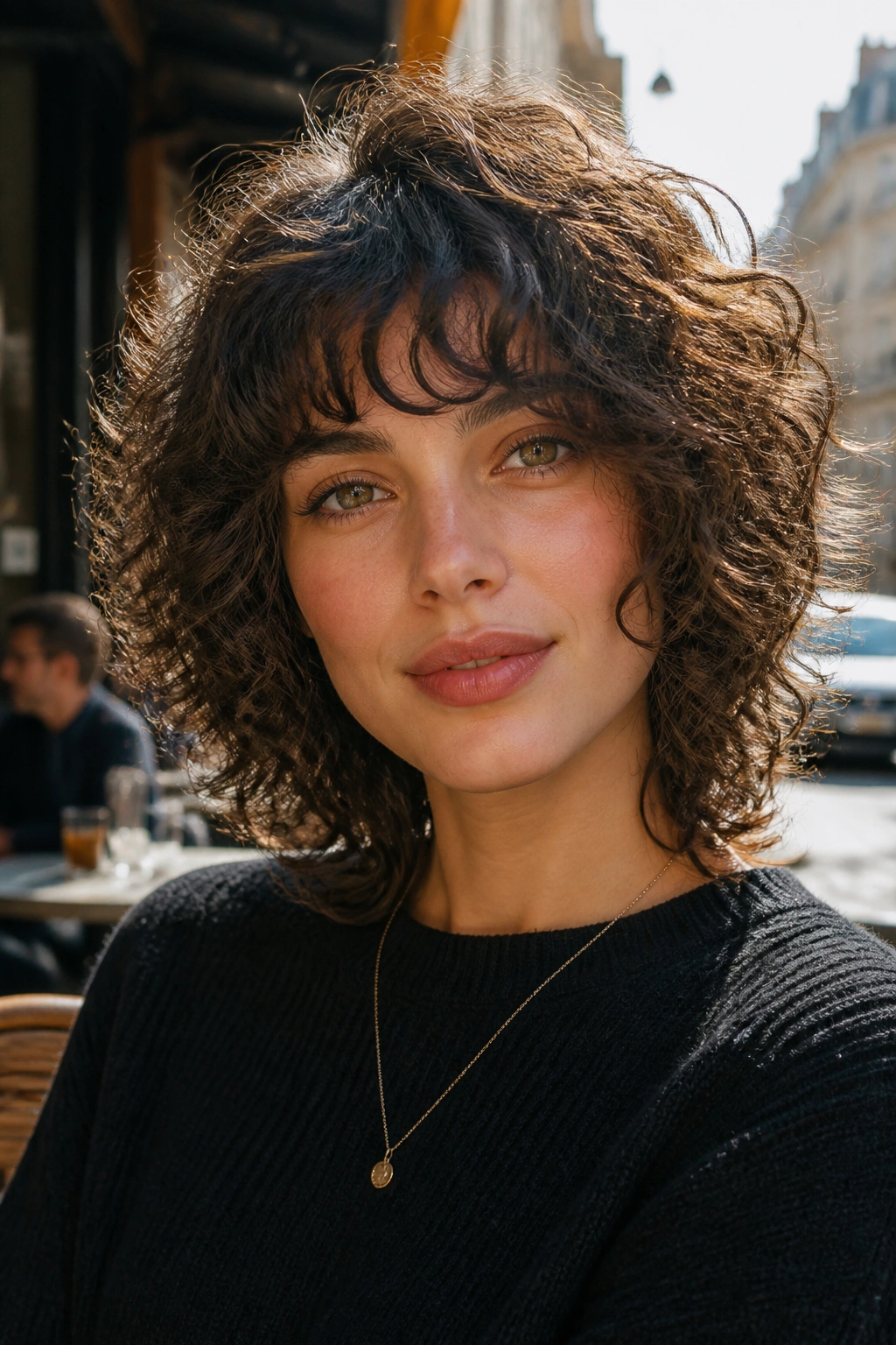 Close-up of a woman with cheekbone-length curly shag and textured curls.