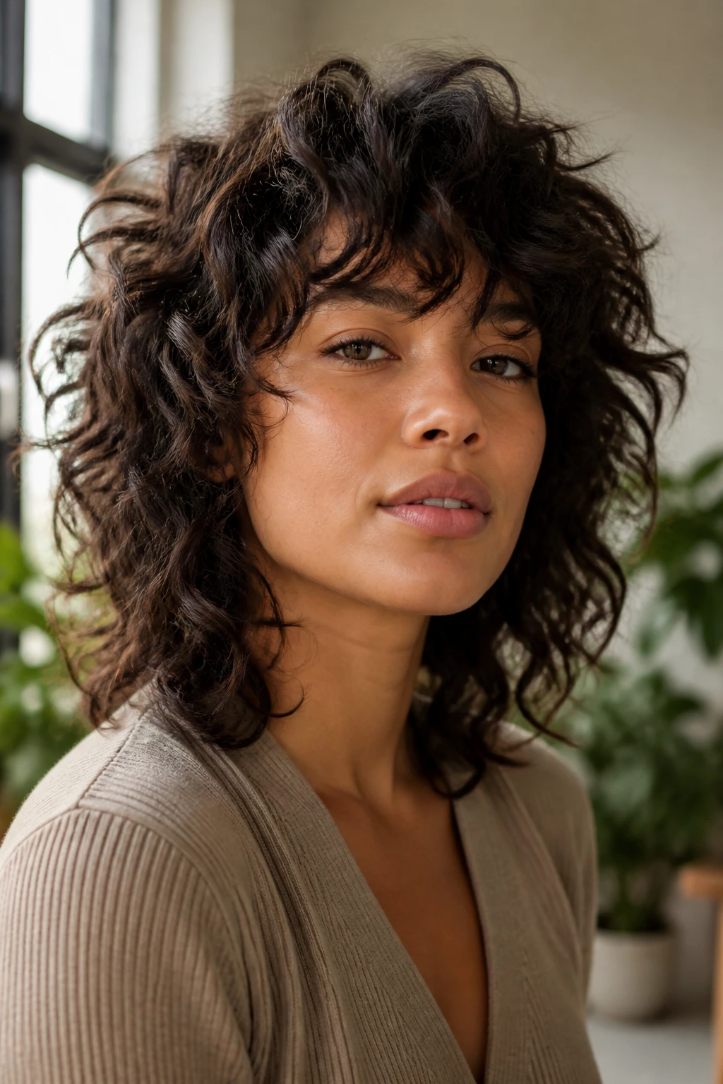 Close-up of a woman with curly shag hairstyle showing defined curls