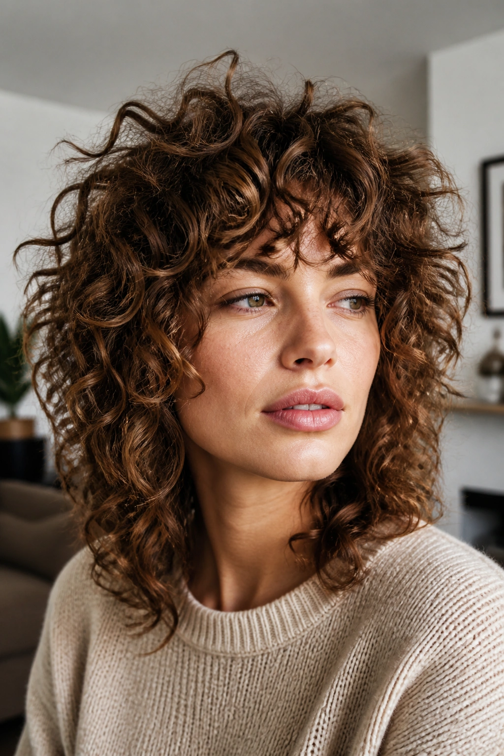 Close-up of a real woman with curly shag hairstyle showing crown lift