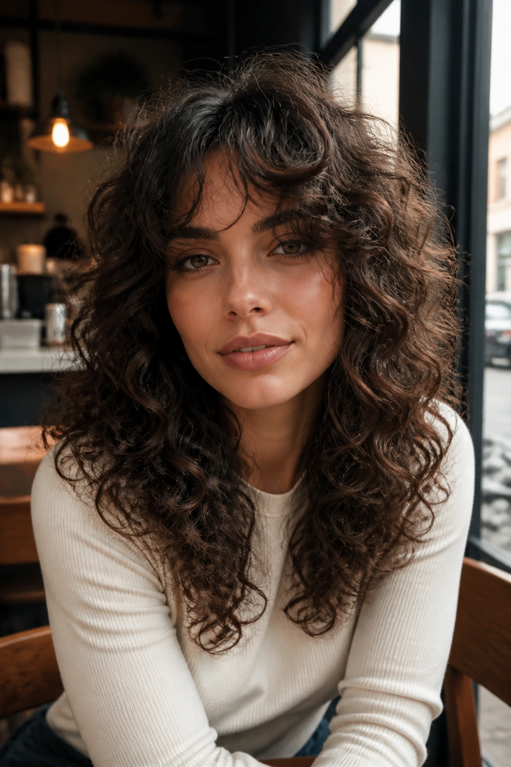 Portrait of a real woman with curly hair and curtain bangs in a cozy cafe