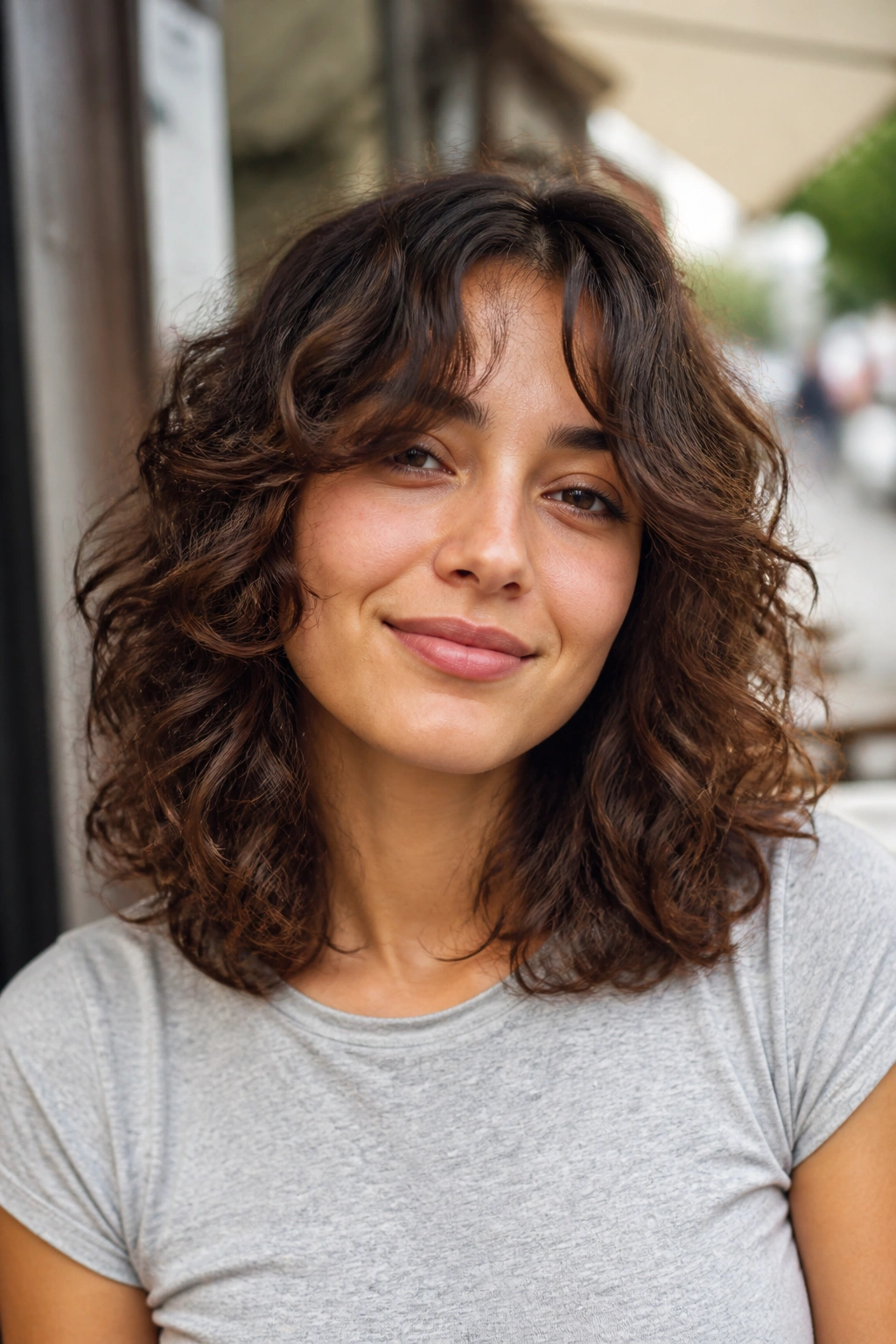 Portrait of real person with shoulder-length curly shag and curtain bangs.