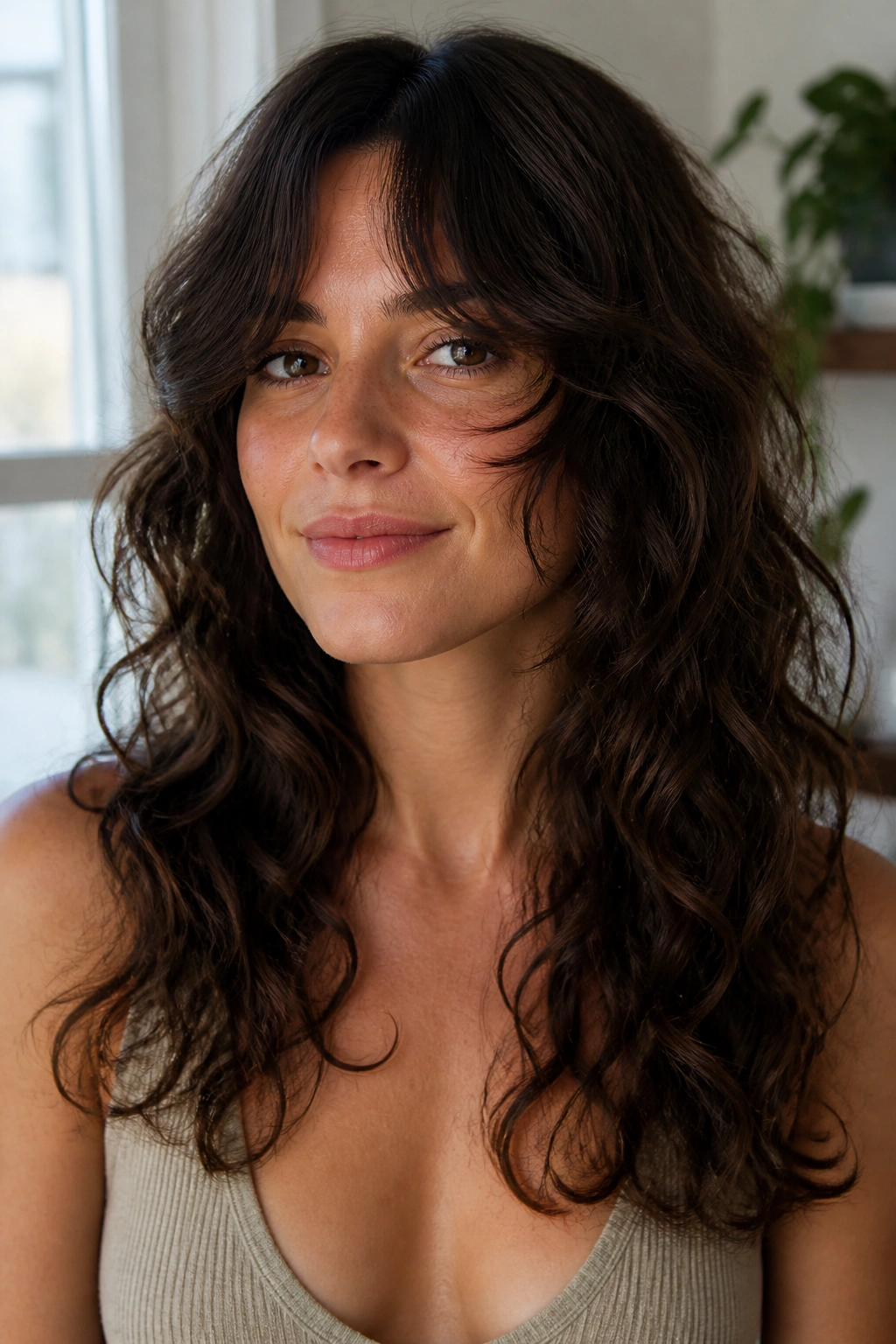Portrait of a woman with long curly shag and curtain bangs in soft window light