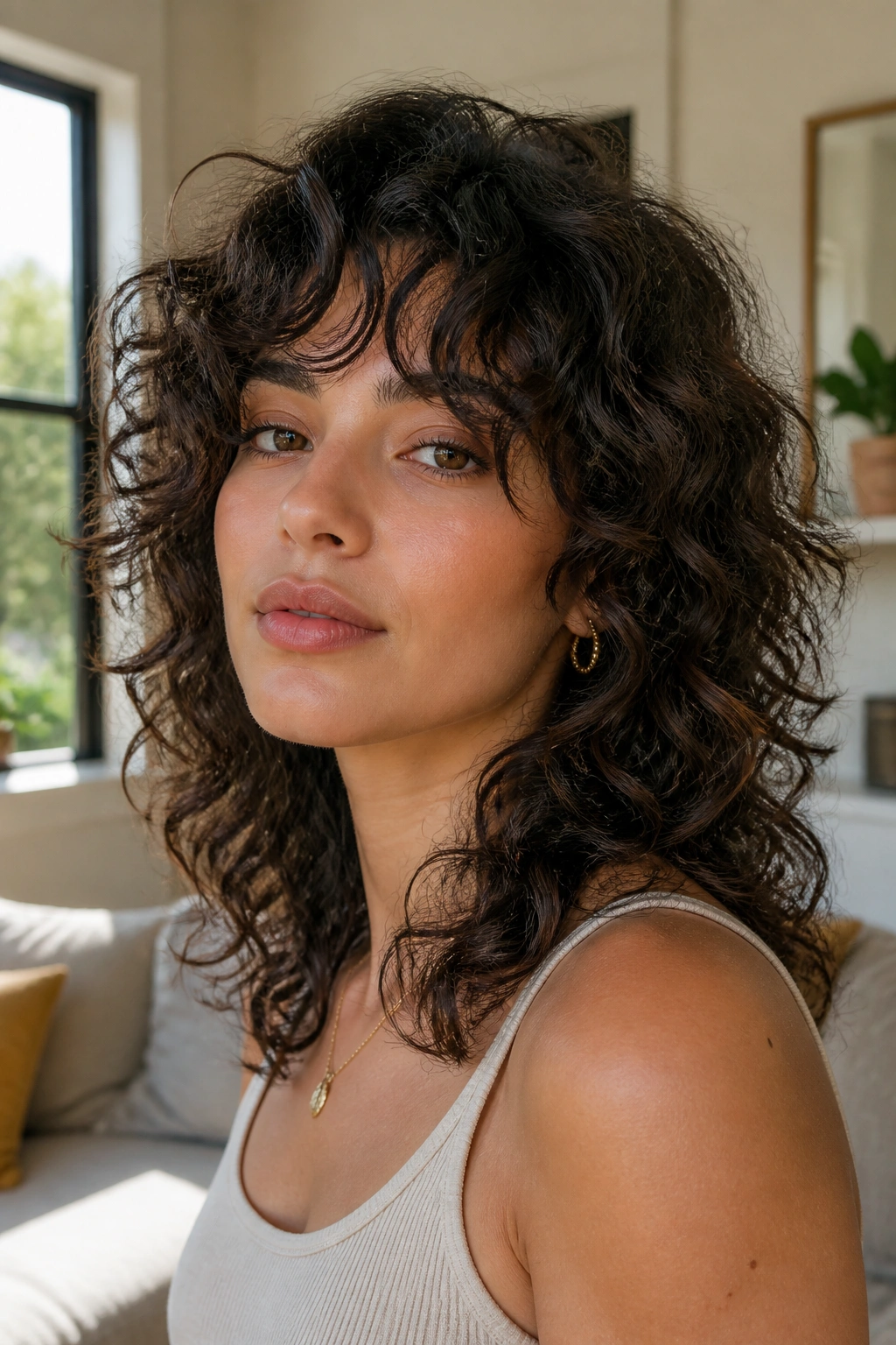 Close-up of a real person with curly shag and curtain bangs, framed face.