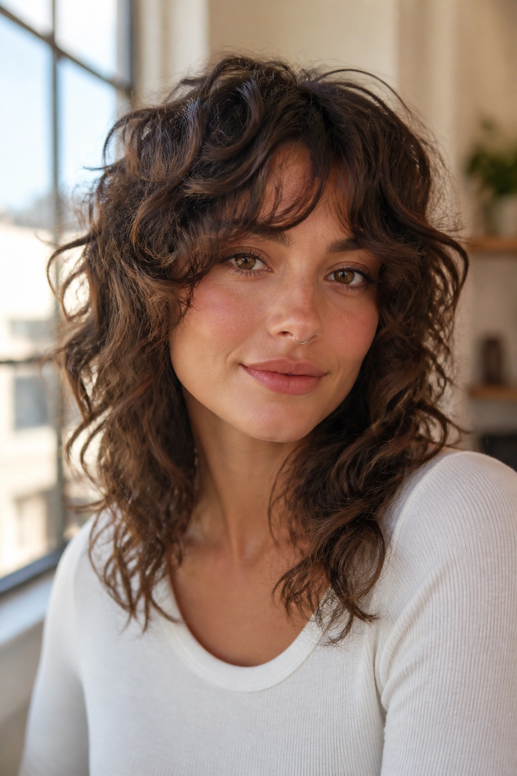 Close-up of a real person with curly hair and curtain bangs integrated into a shag.