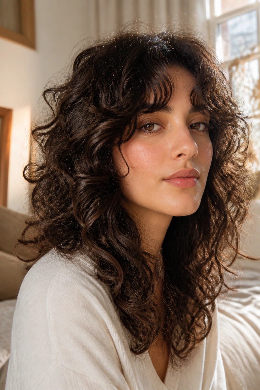 Close-up portrait of a woman with a long curly shag and curtain bangs.