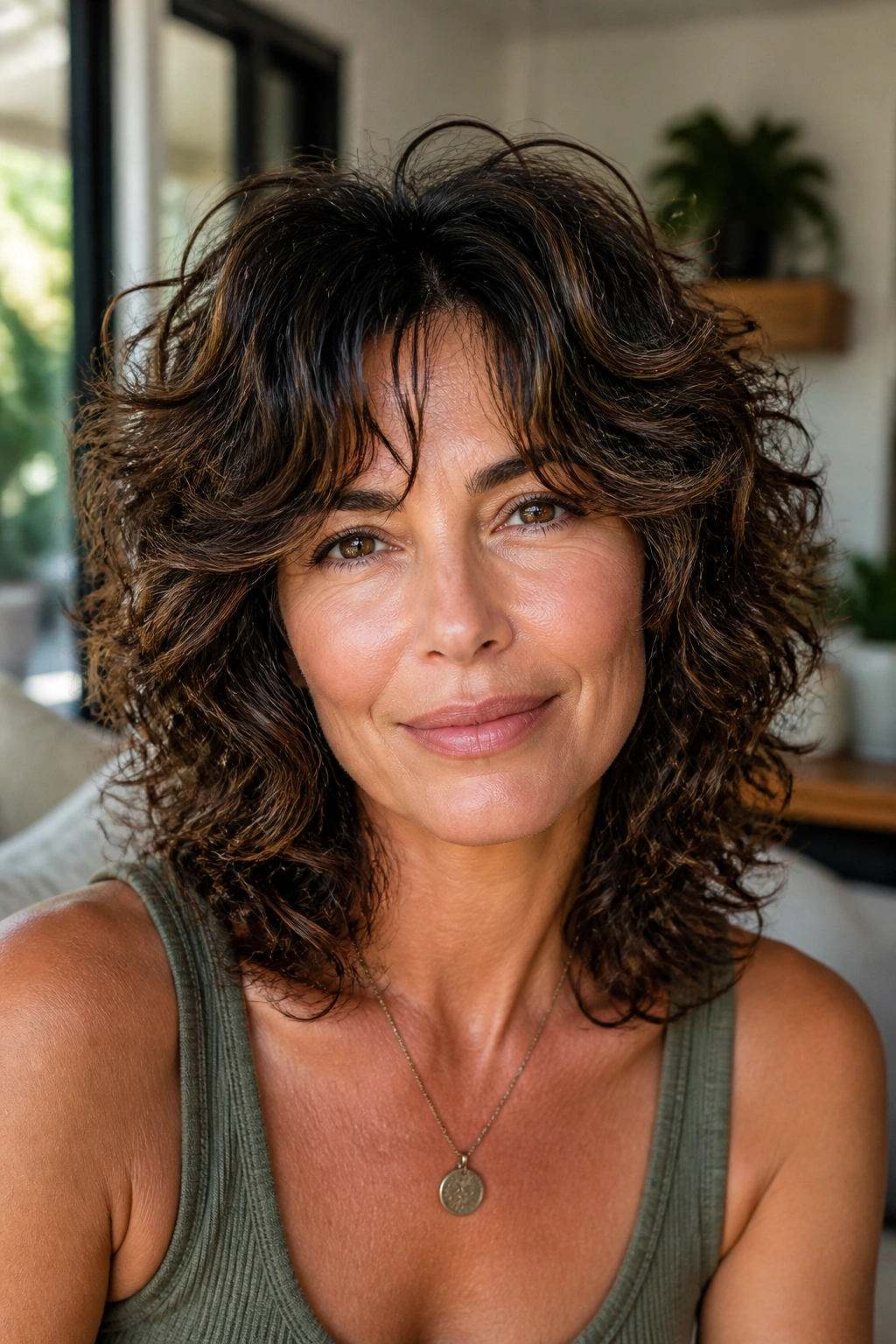 Close-up of a real woman with curly shag hairstyle and curtain bangs blown to the sides