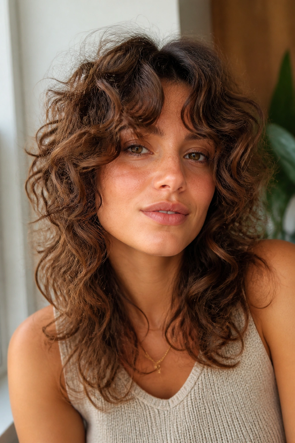 Close-up portrait of a real woman with curly shag and curtain bangs blending into the rest of the layers