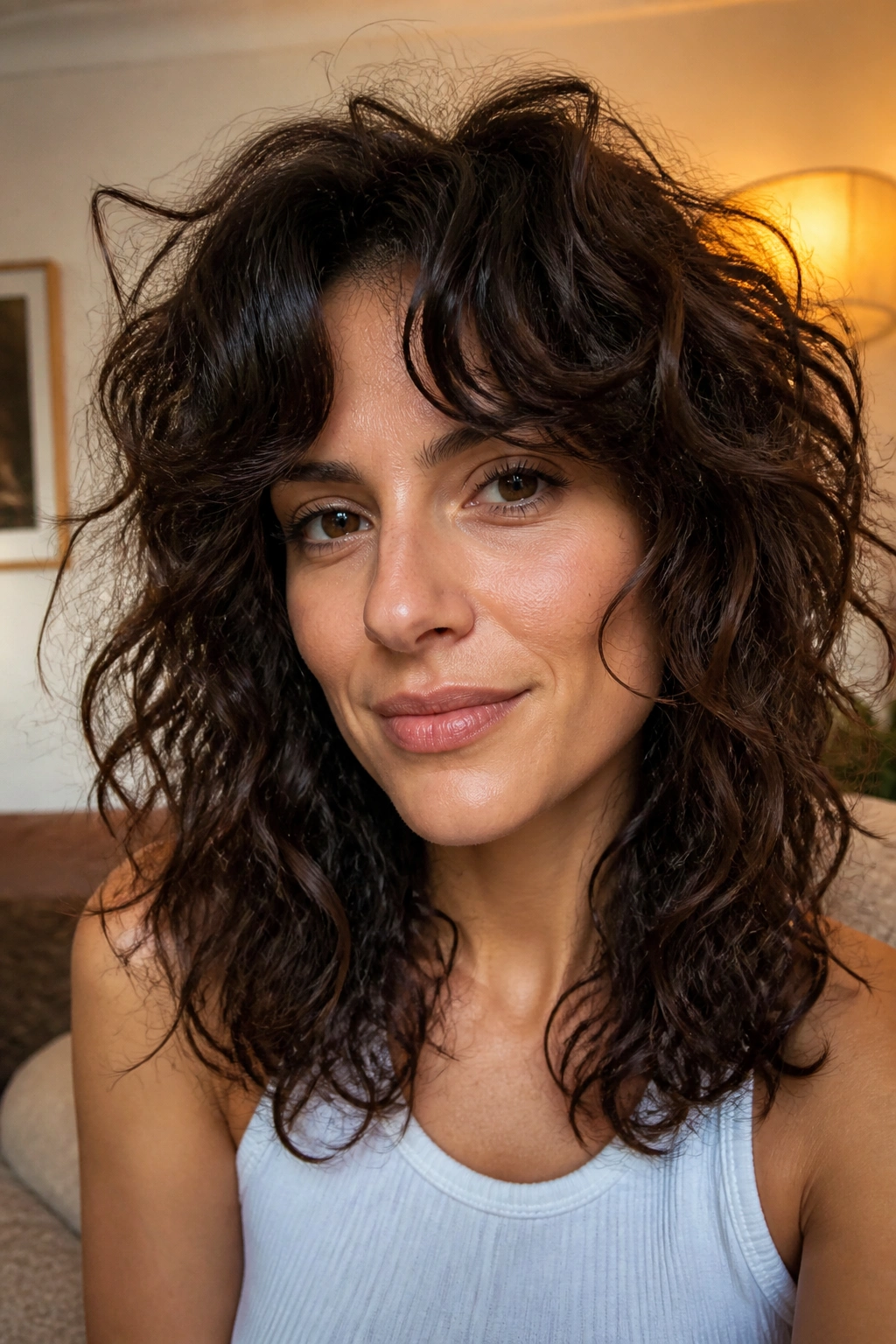 Close-up of a real woman with curtain bangs in Curly Shag with Curtain Bangs.