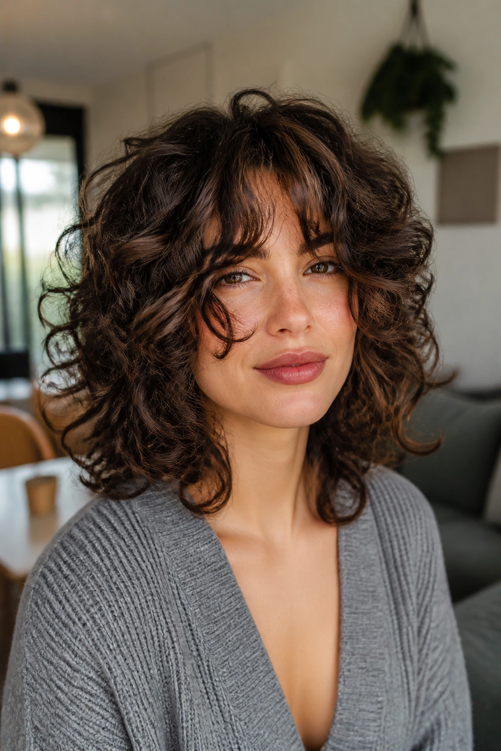 Close-up portrait of a real person with curly shag and curtain bangs