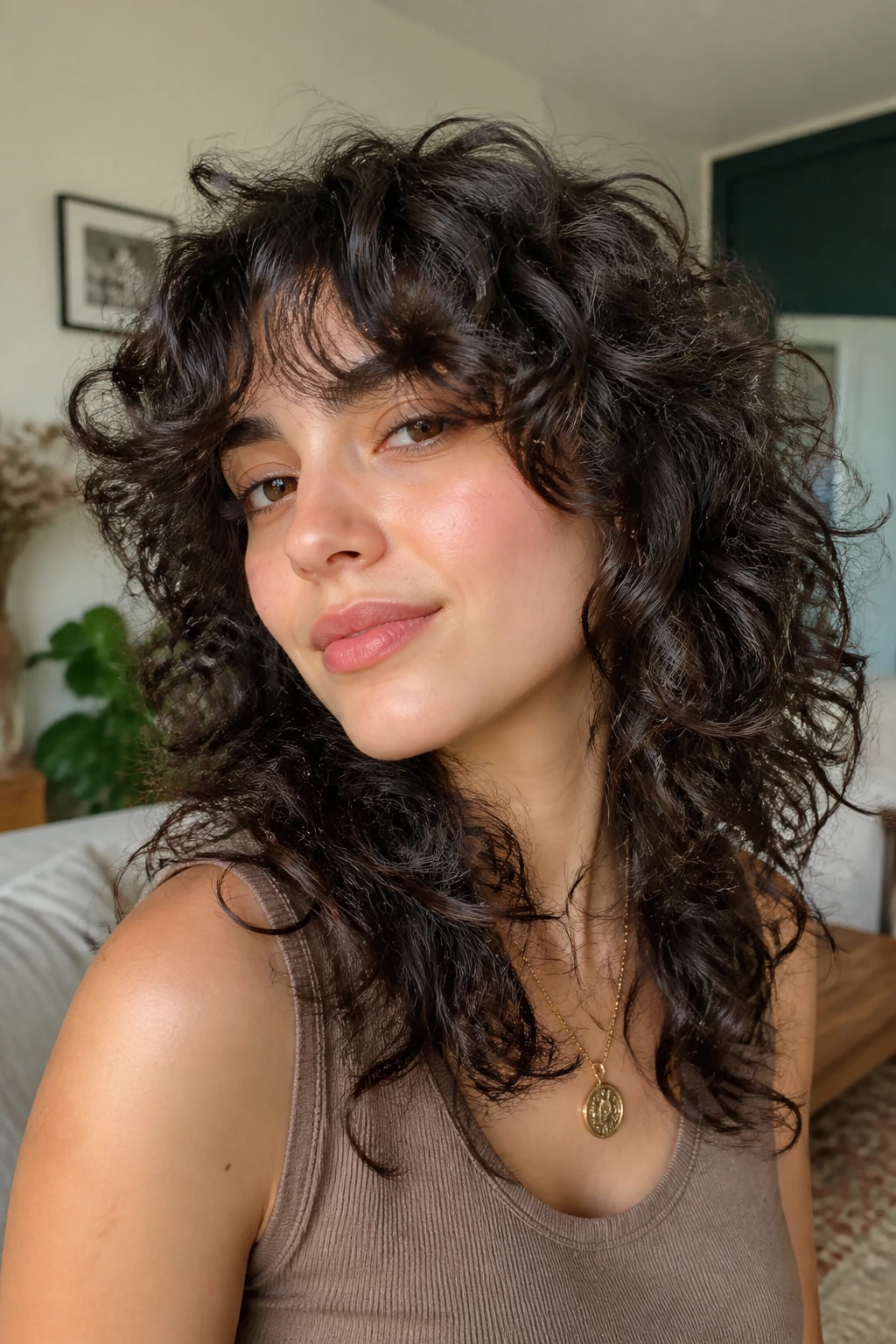 Portrait of a woman with curly shag and curtain bangs.