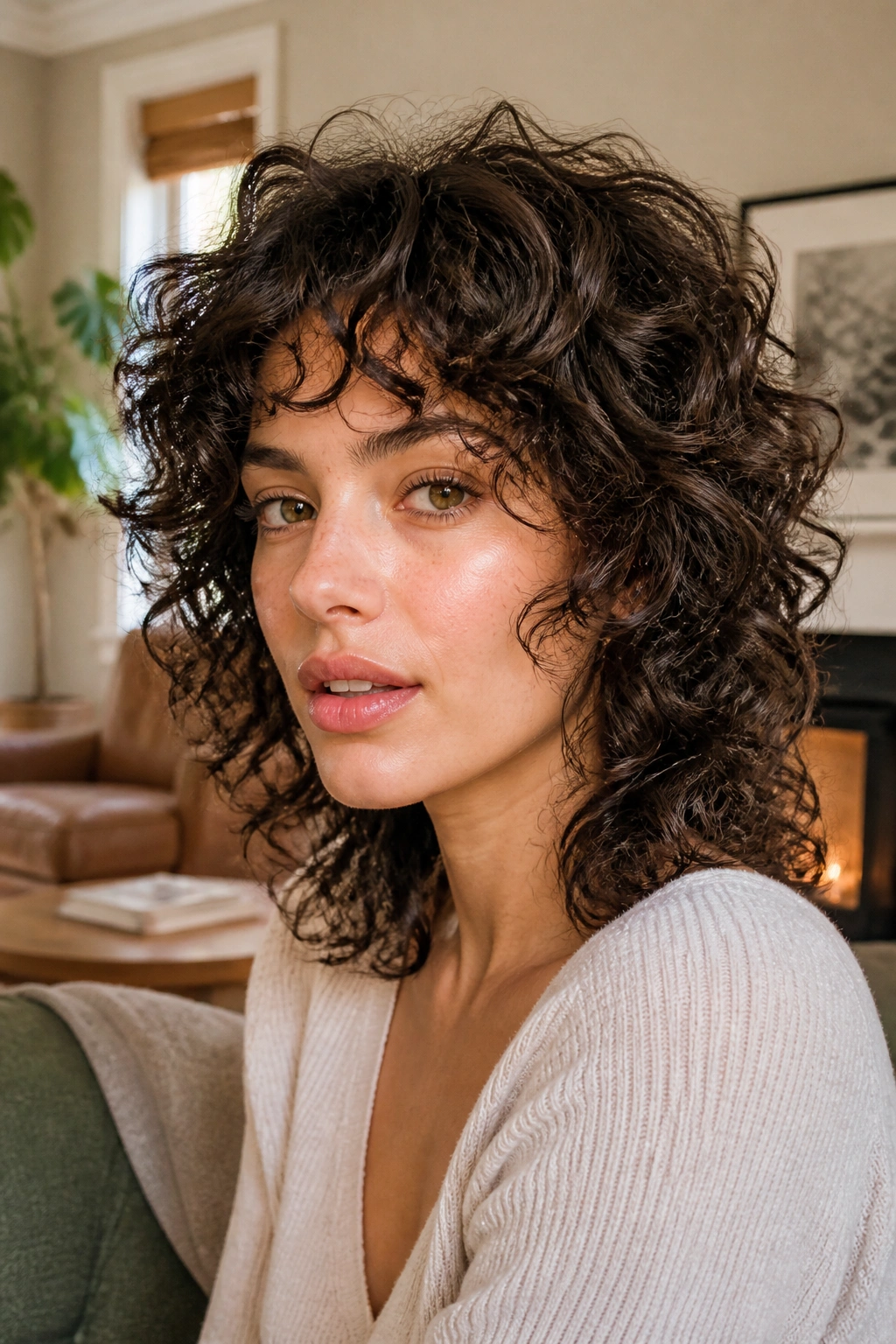 Close-up of a real woman's curly shag with defined cheekbone layers in natural window light.