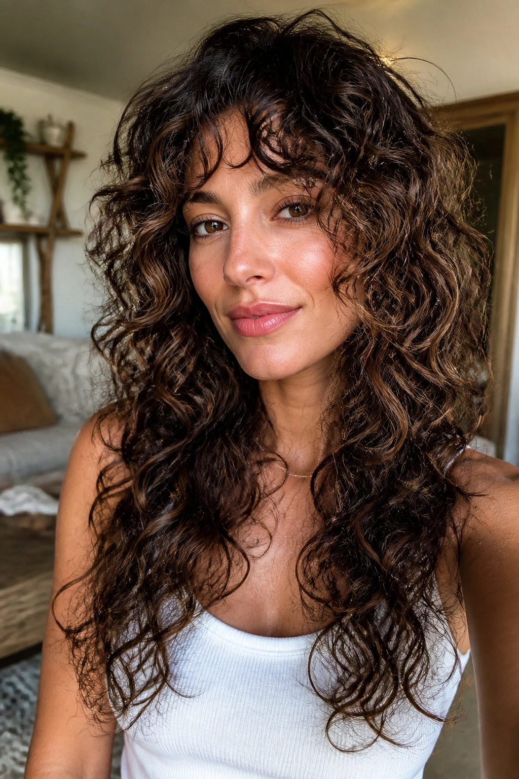 Portrait of real person with long curly shag and face-framing layers.