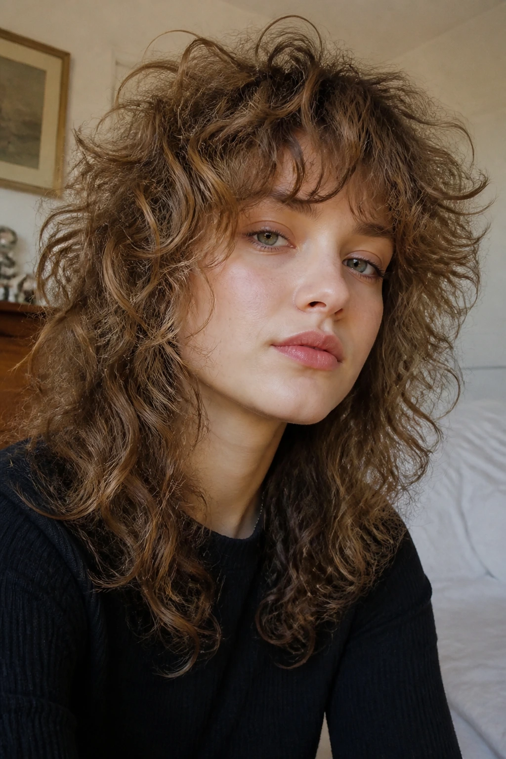 Close-up of a real person with fine curls in a curly shag style