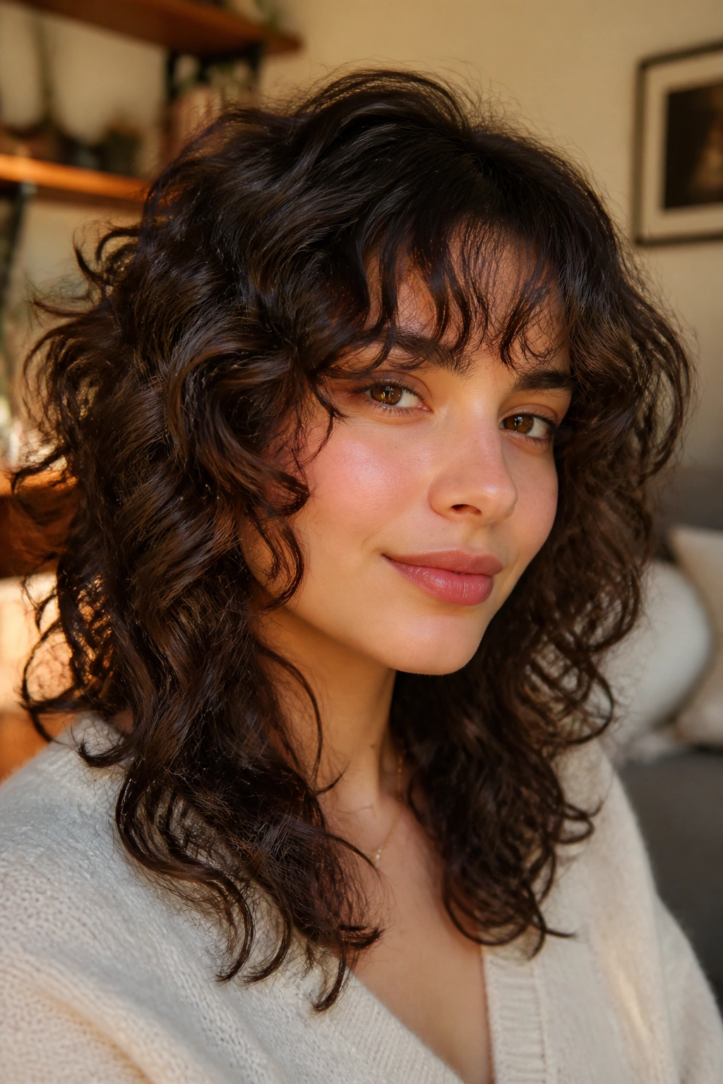 Close-up of a real person with curly shag and soft fringe