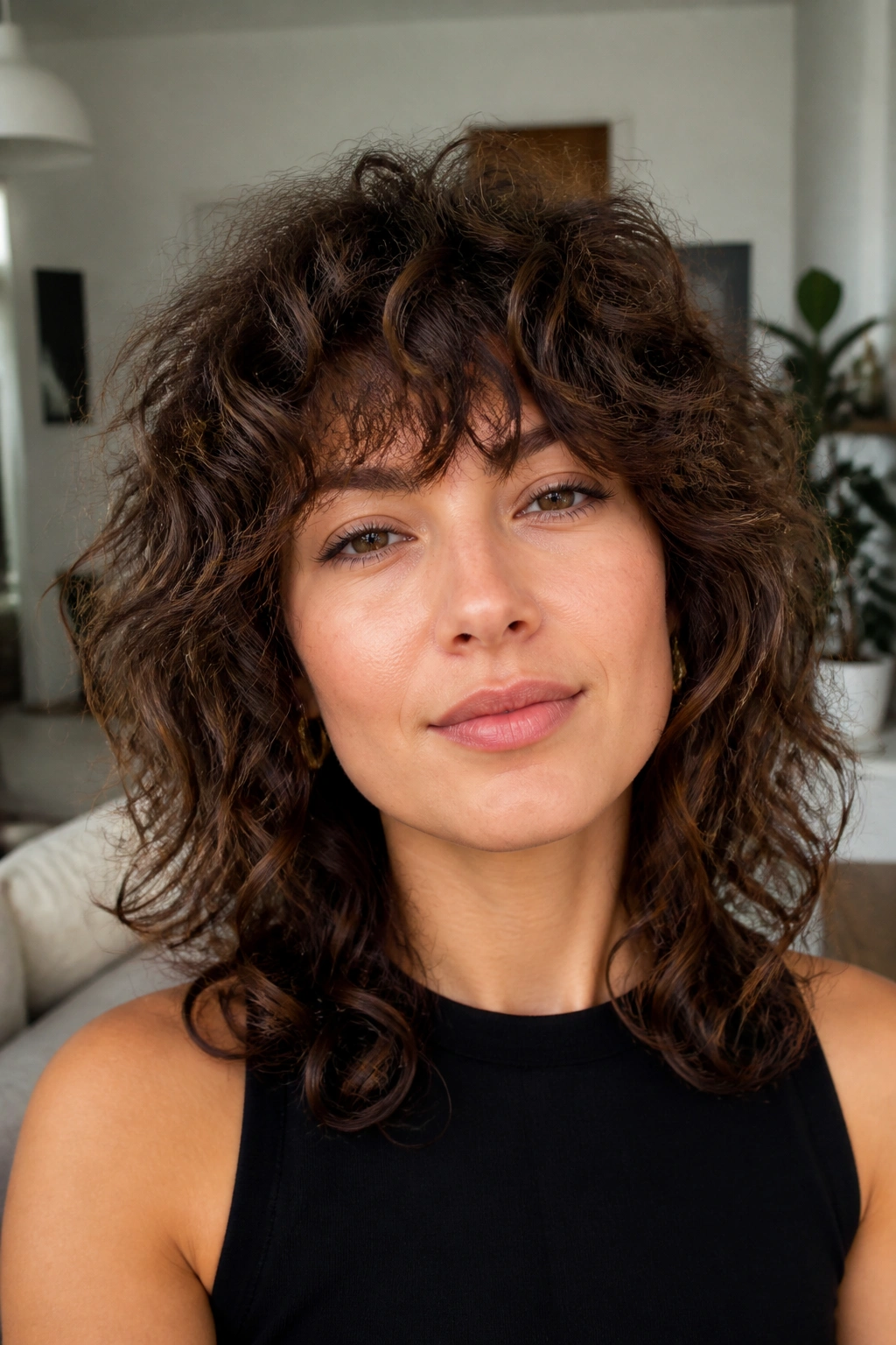 Real woman with curly shag and fringe in close-up portrait.