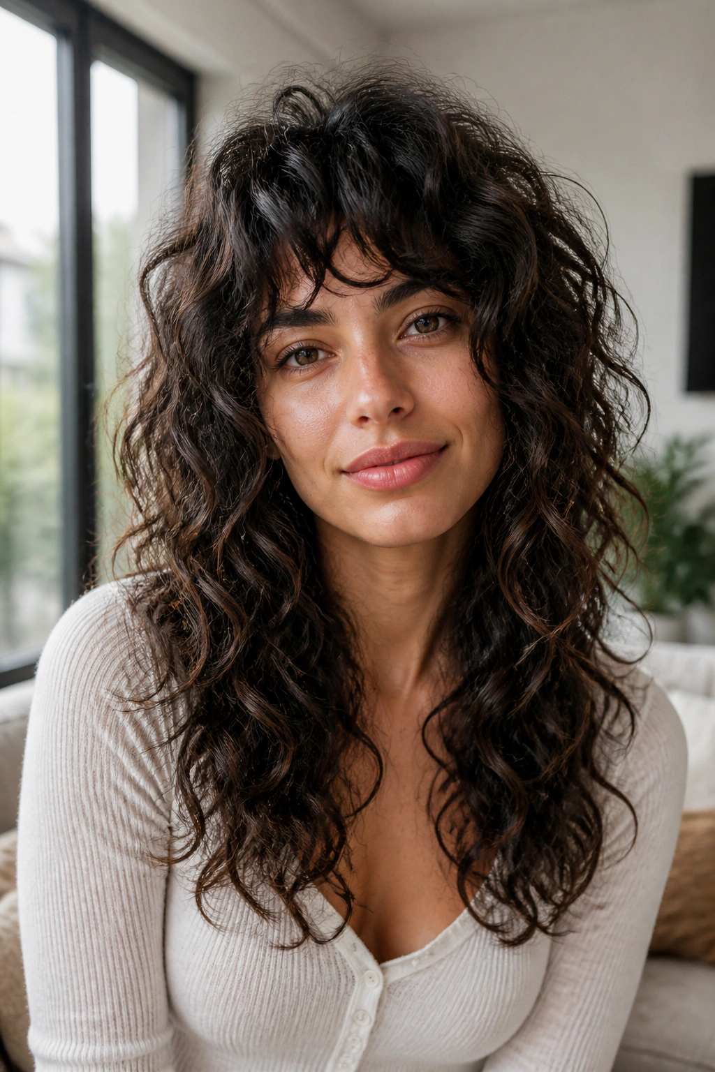 Close-up of a woman with curly shag and soft fringe in bright daylight
