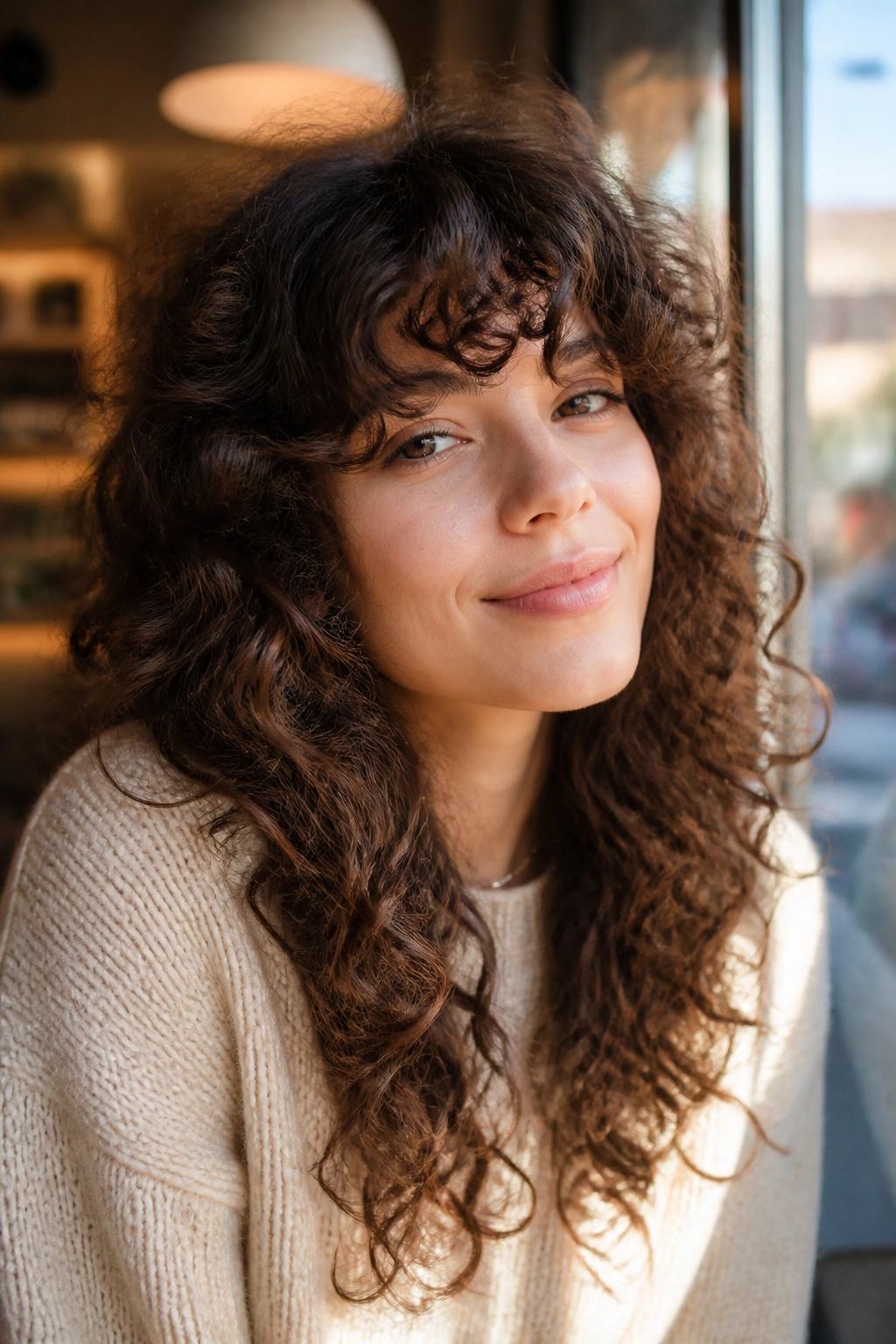 Close-up of a real woman with curly shag and fringe in cafe light