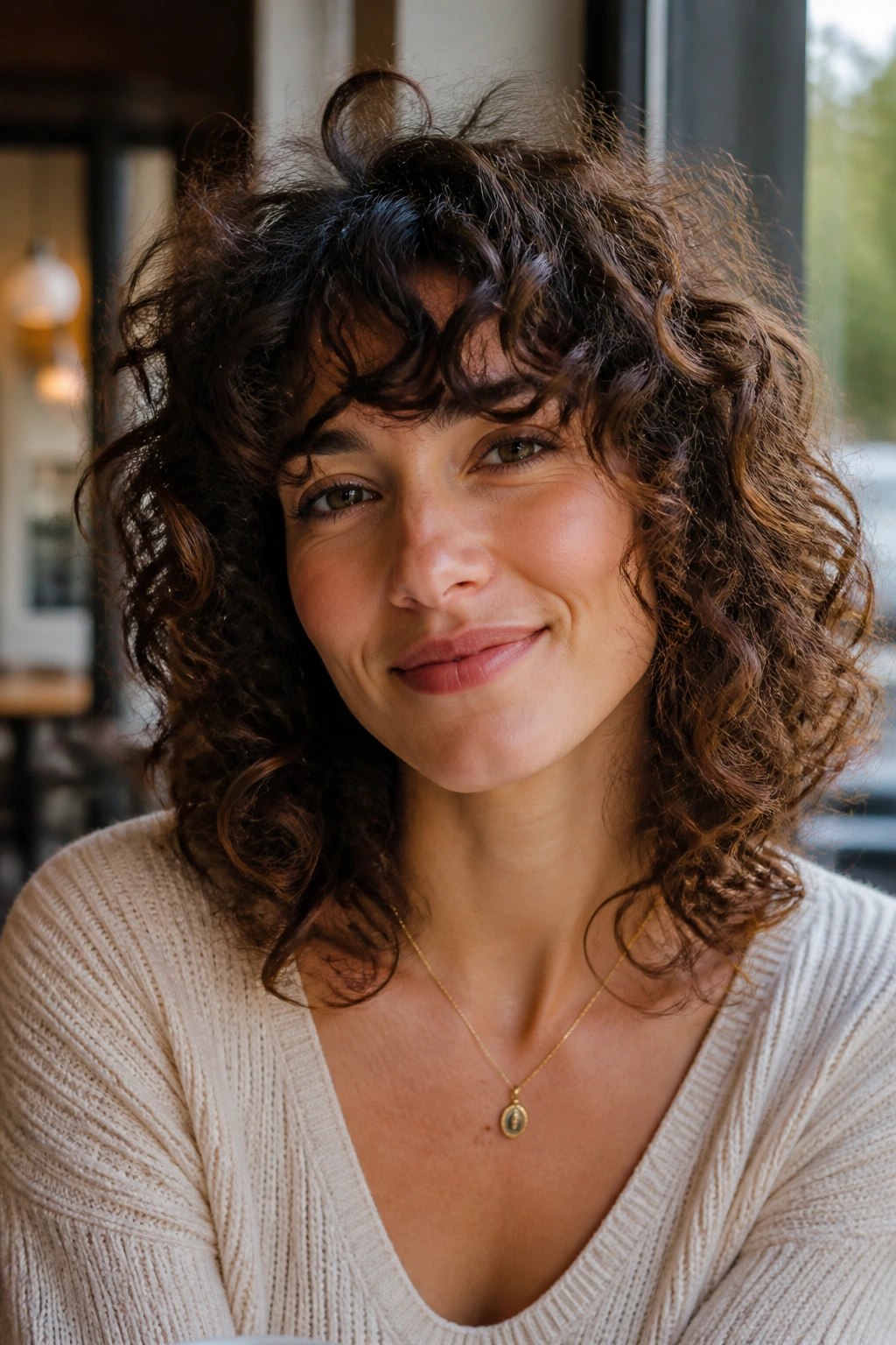 Real woman with curly shag and soft fringe in warm cafe light
