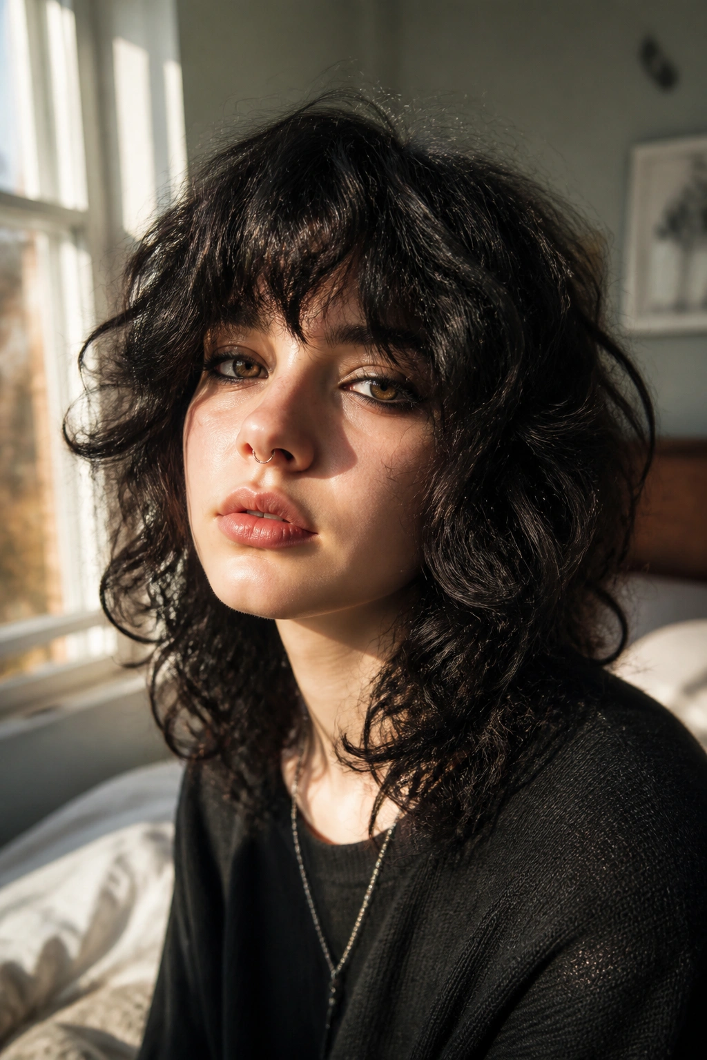 Close-up of real person with curly shag and heavy fringe in sunlit bedroom window light