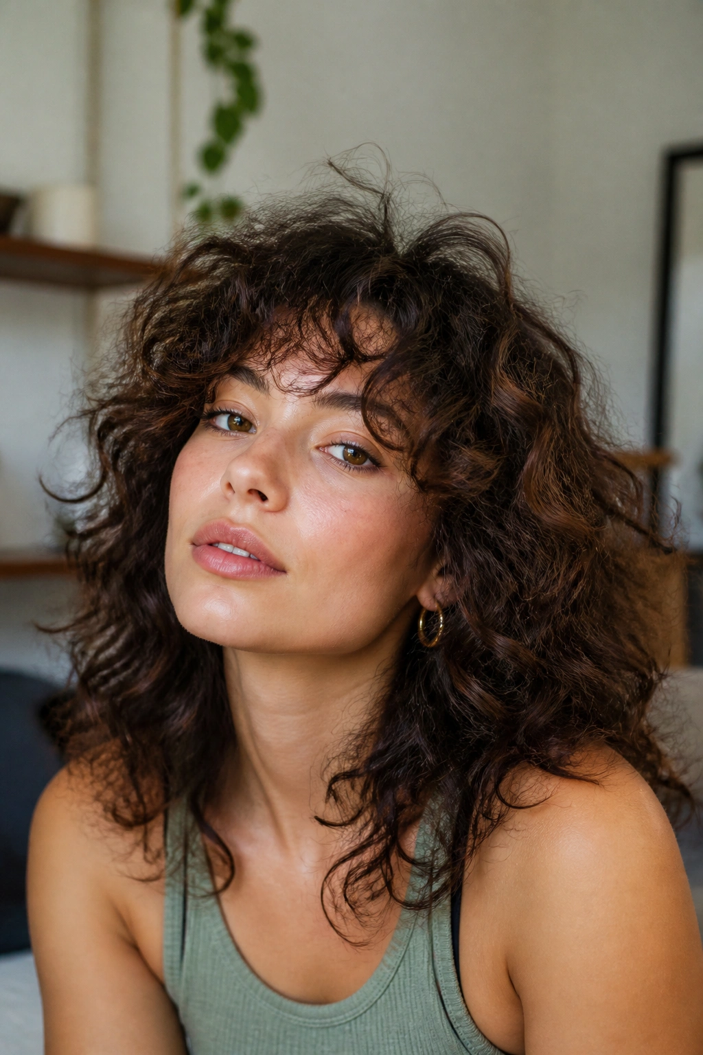 Close-up portrait of a real person with curly shag fringe and lift