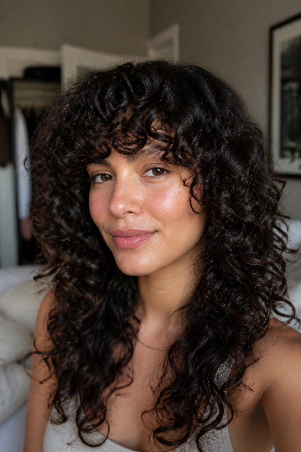 Close-up portrait of a real person with a full curly fringe framing the face, on natural window light